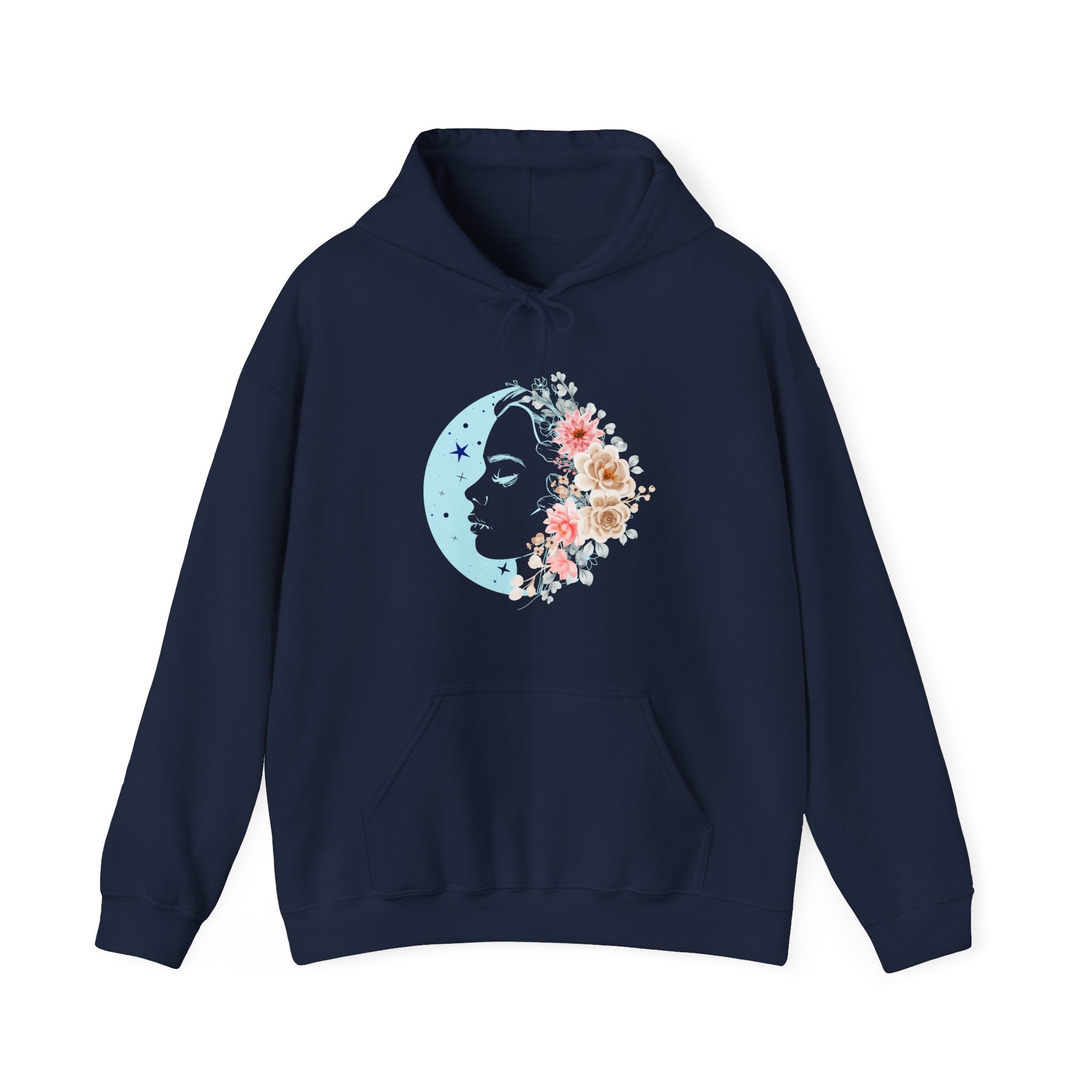 Navy blue hoodie with floral face moon design on a white background