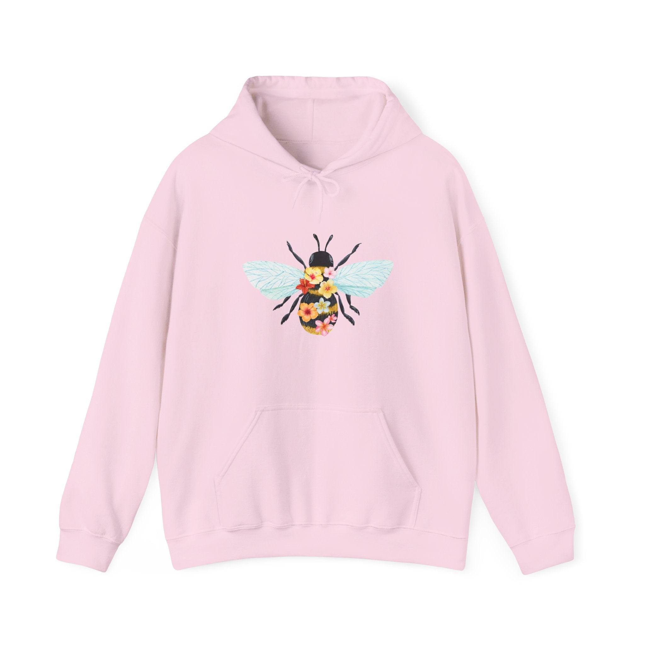 Pink hoodie with a bee design on a white background