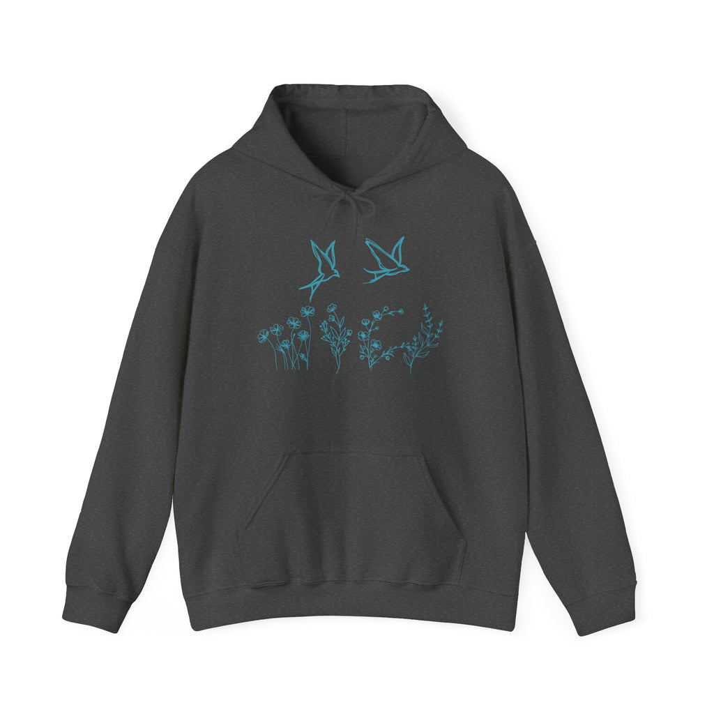 Dark gray hoodie with a bird and flower graphics on a white background