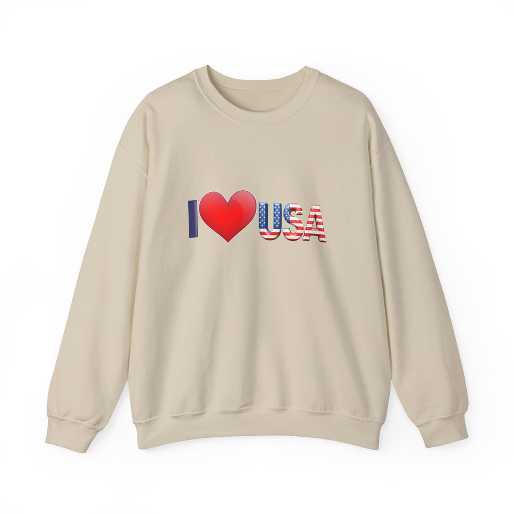 Beige sweatshirt with 'I ❤️ USA' text on a white background