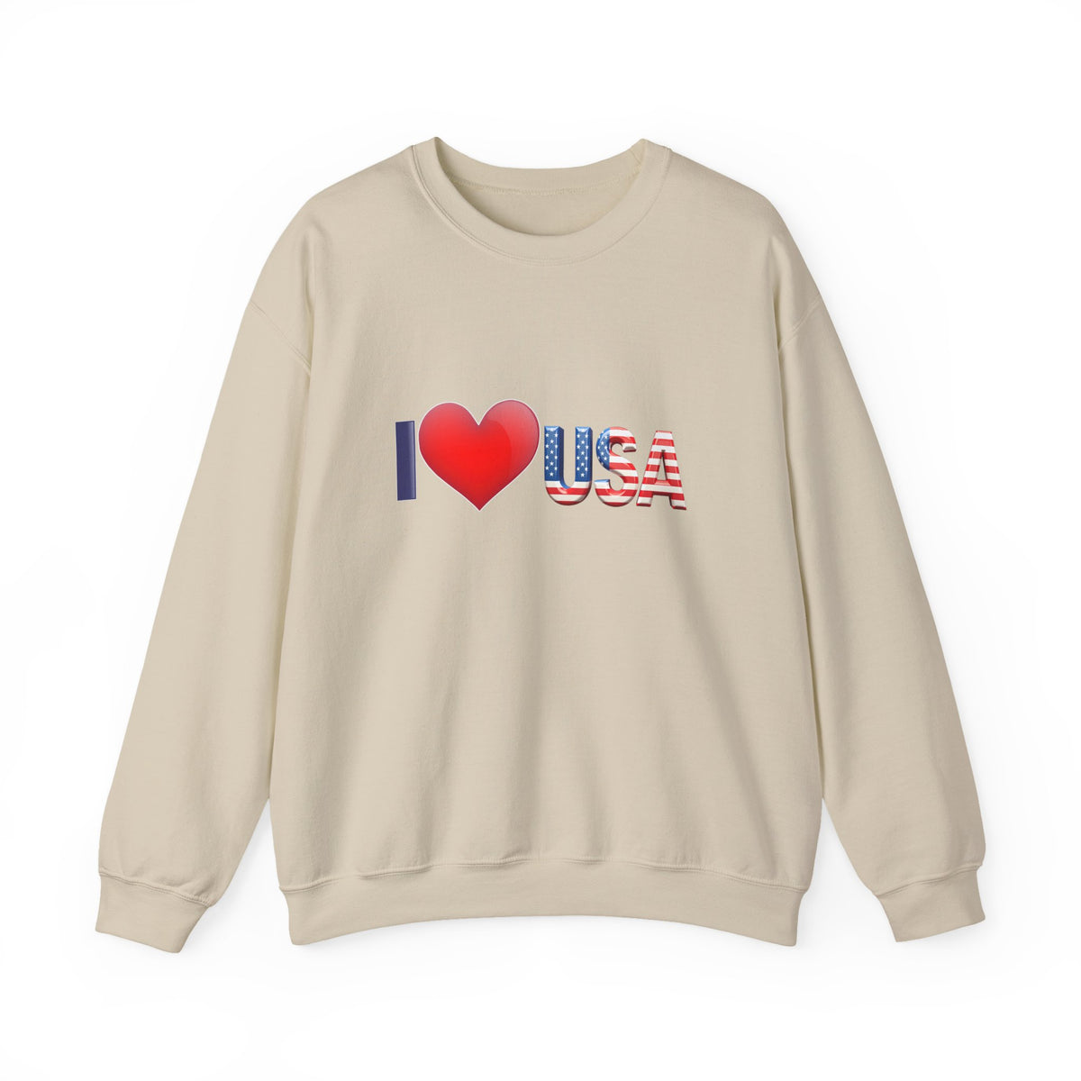 Beige sweatshirt with 'I ❤️ USA' text on a white background