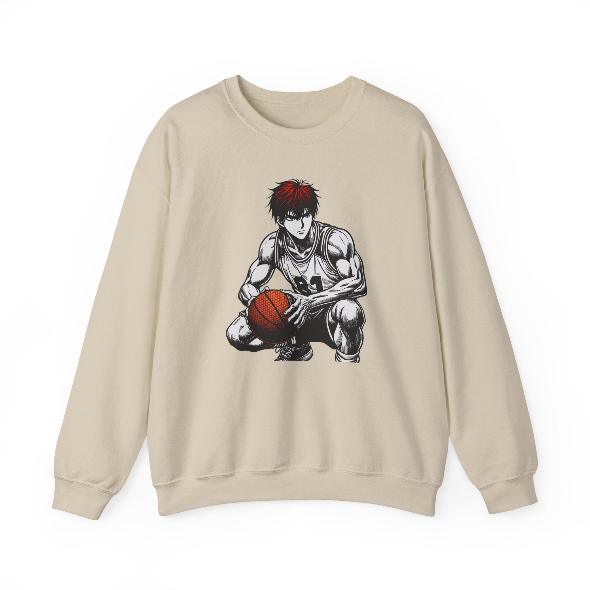 Beige sweatshirt with an anime-style graphic of a character holding a basketball on a white background