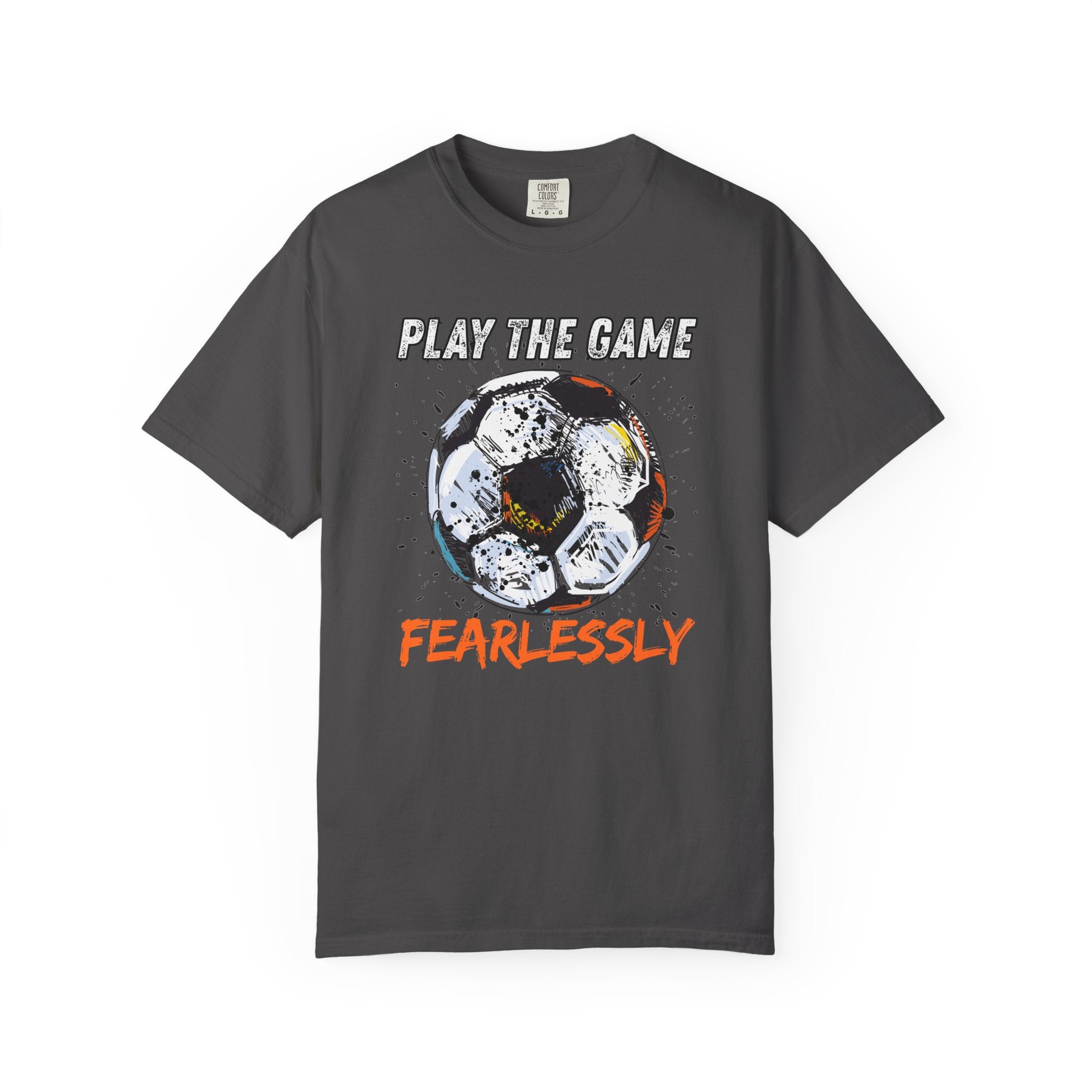 Grey t-shirt with dirty soccer ball graphic and play the game fearlessly text on a white background