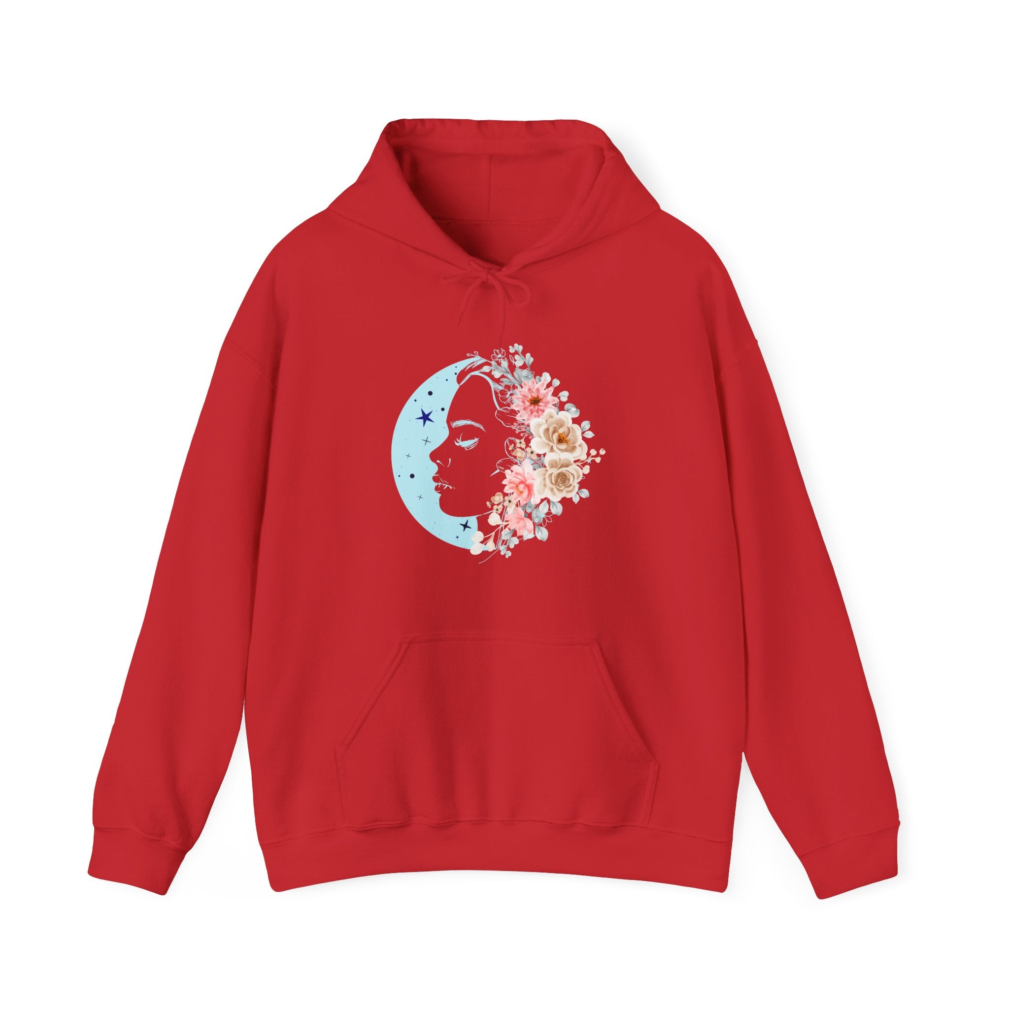 Red hoodie with floral face moon design on a white background