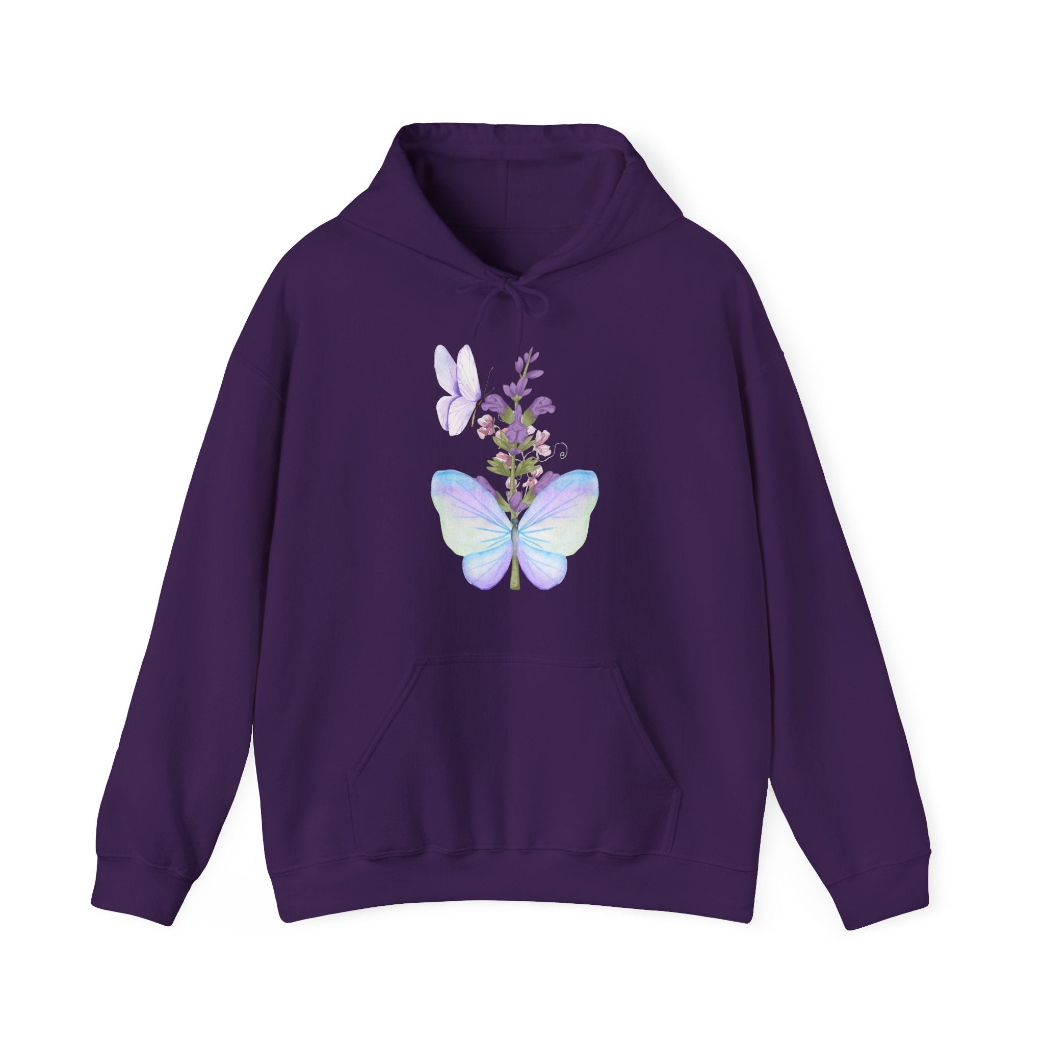 Purple hoodie with a butterfly and floral design on a white background