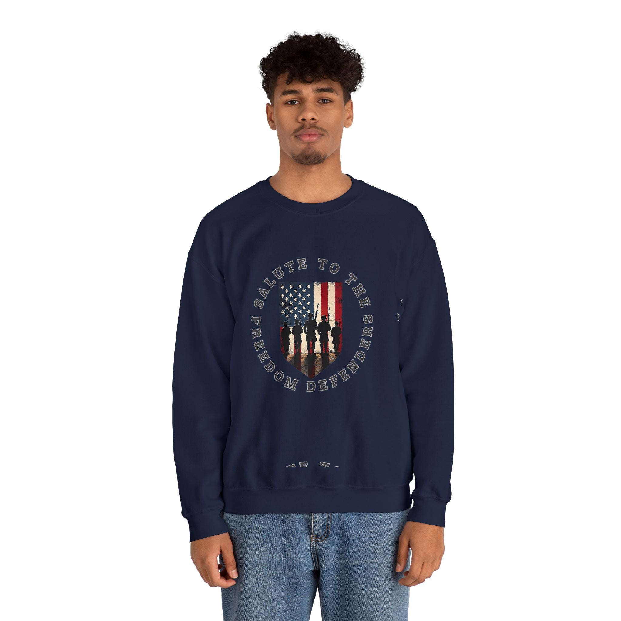 Man wearing a navy blue sweatshirt with an American flag design on a white background