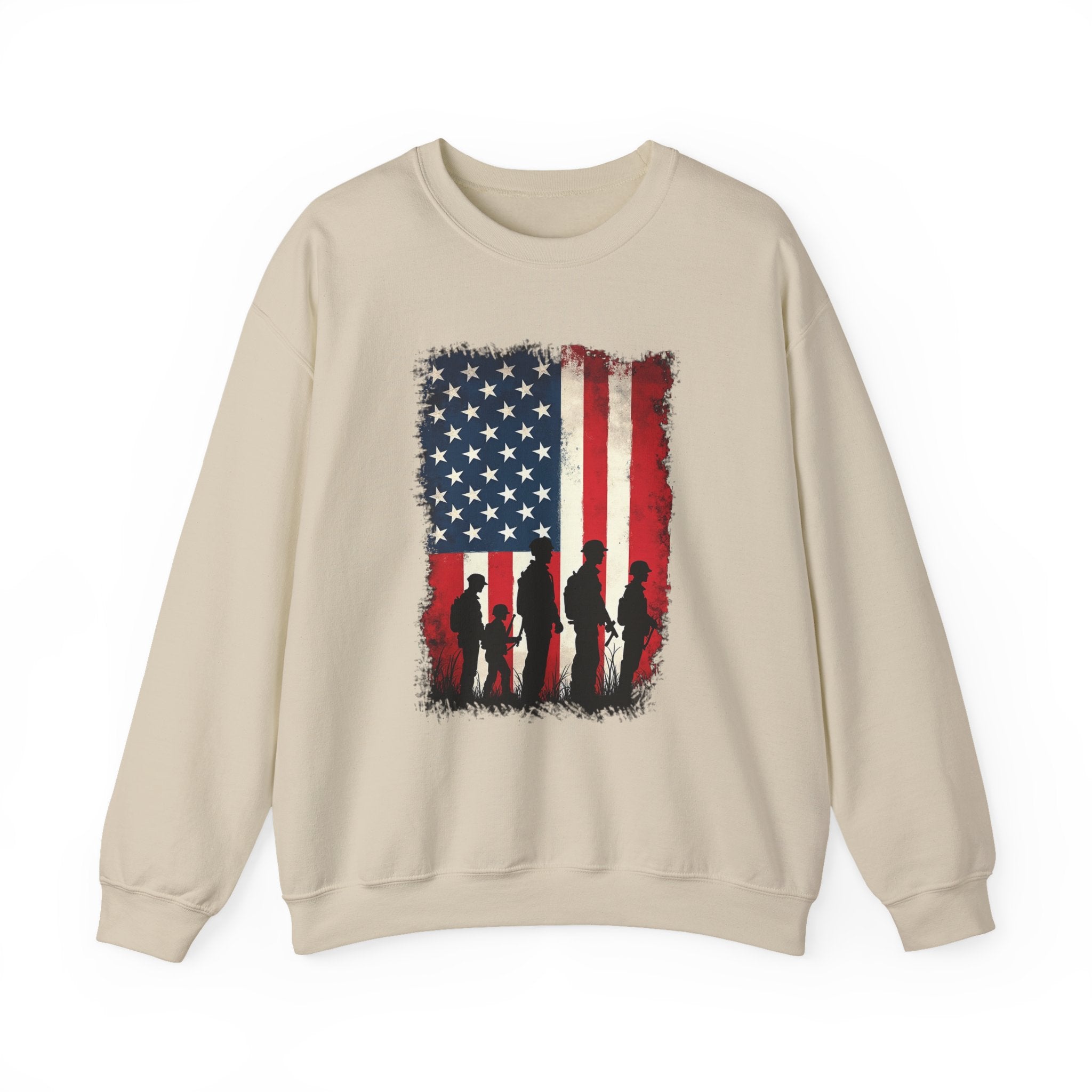 Beige sweatshirt with American flag and silhouette design on a white background