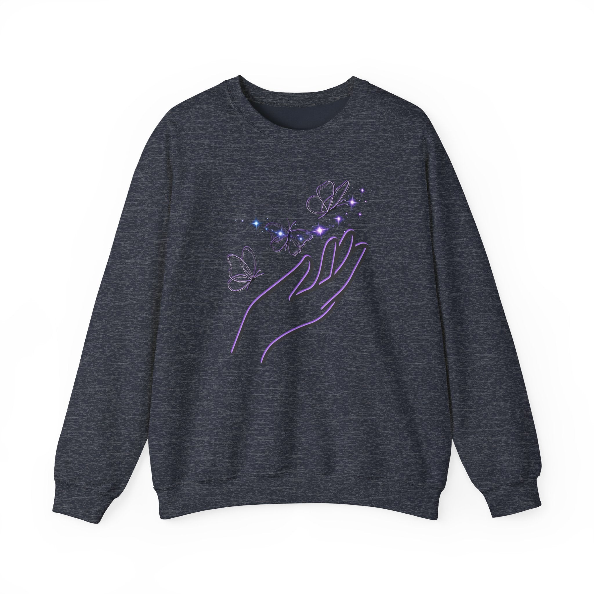 Dark navy sweatshirt with a hand and butterfly design on a white background