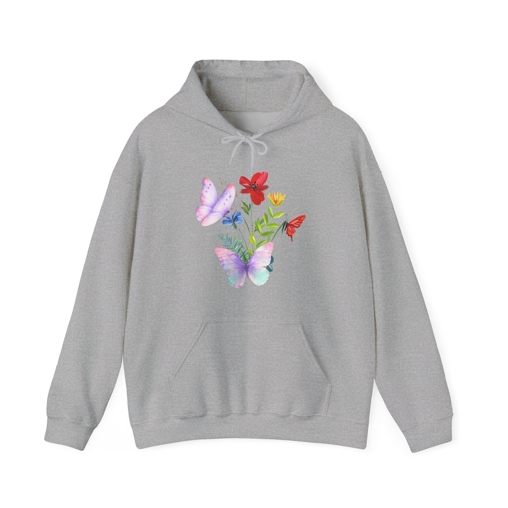 Gray hoodie with colorful butterfly design on a white background