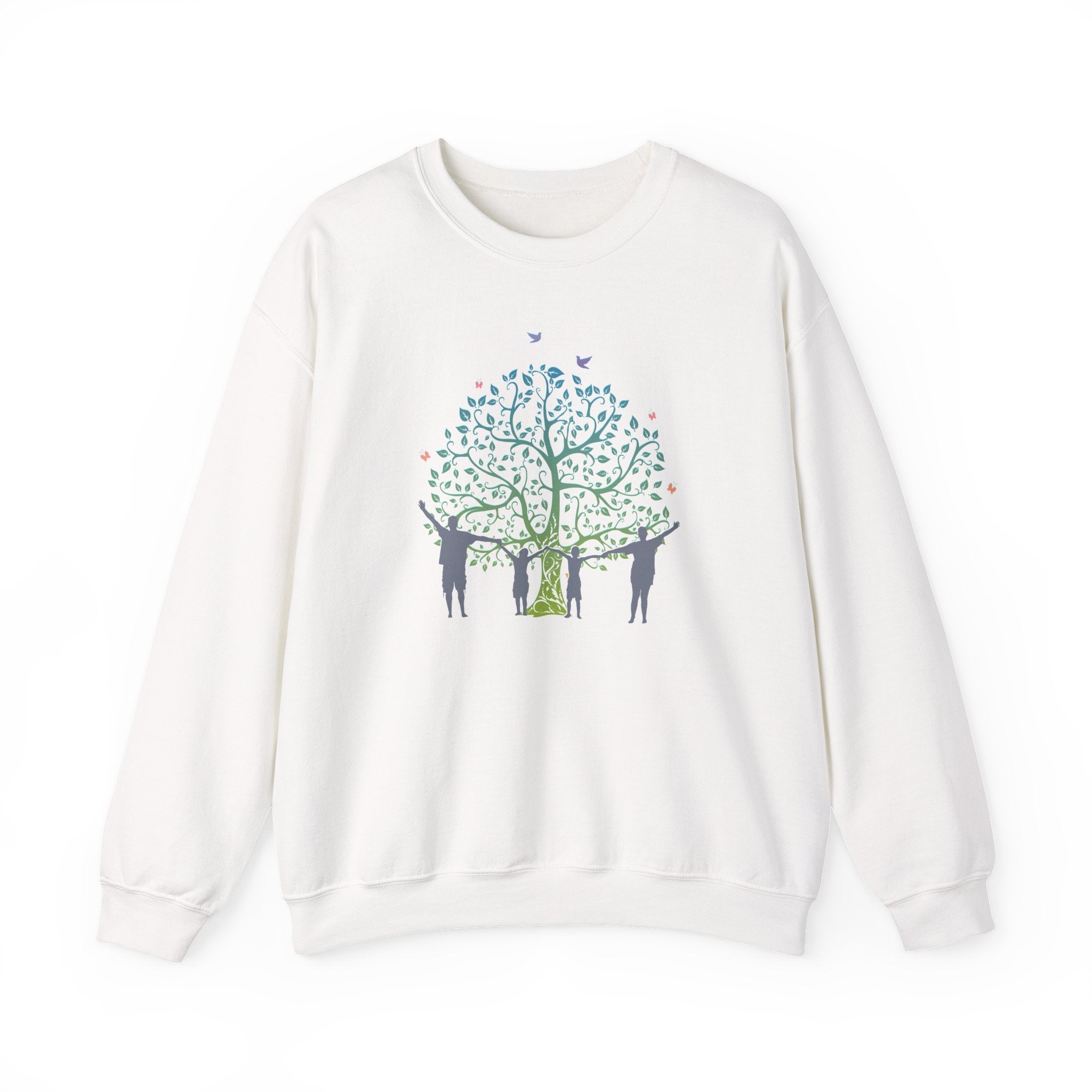 White sweatshirt with a colorful tree and people design on a white background