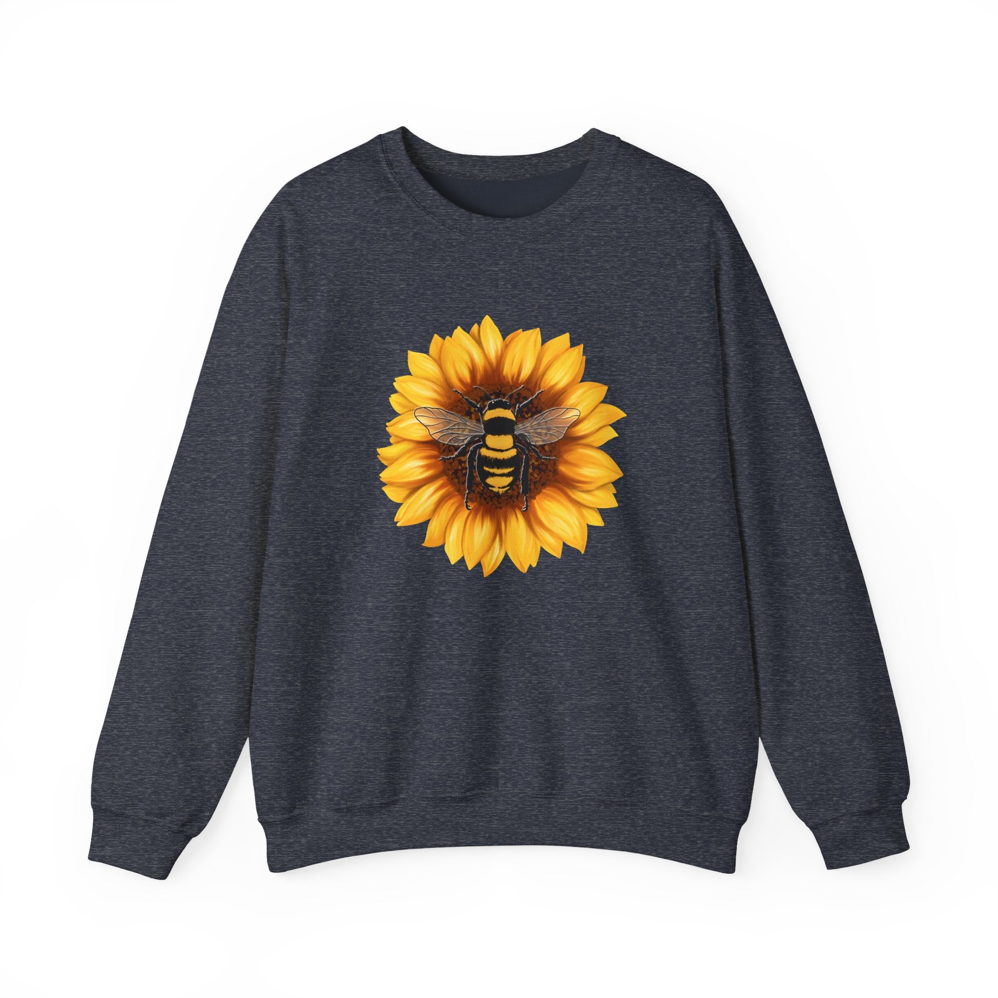 Black sweatshirt with a sunflower and bee design on a white background