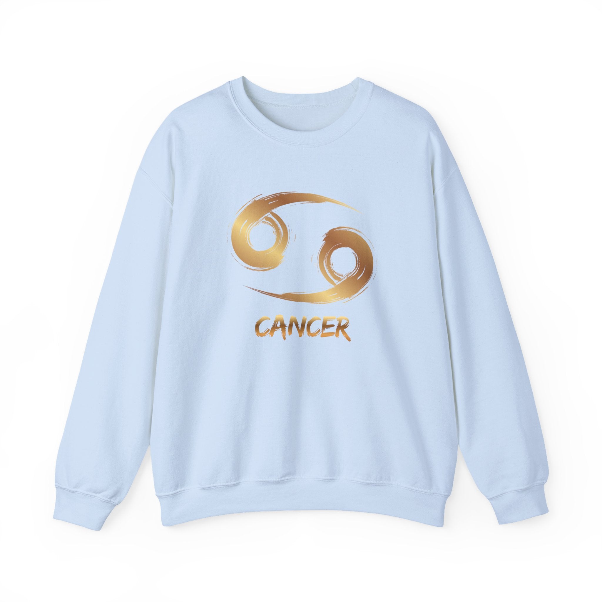 Light blue sweatshirt with gold Cancer zodiac symbol on a white background