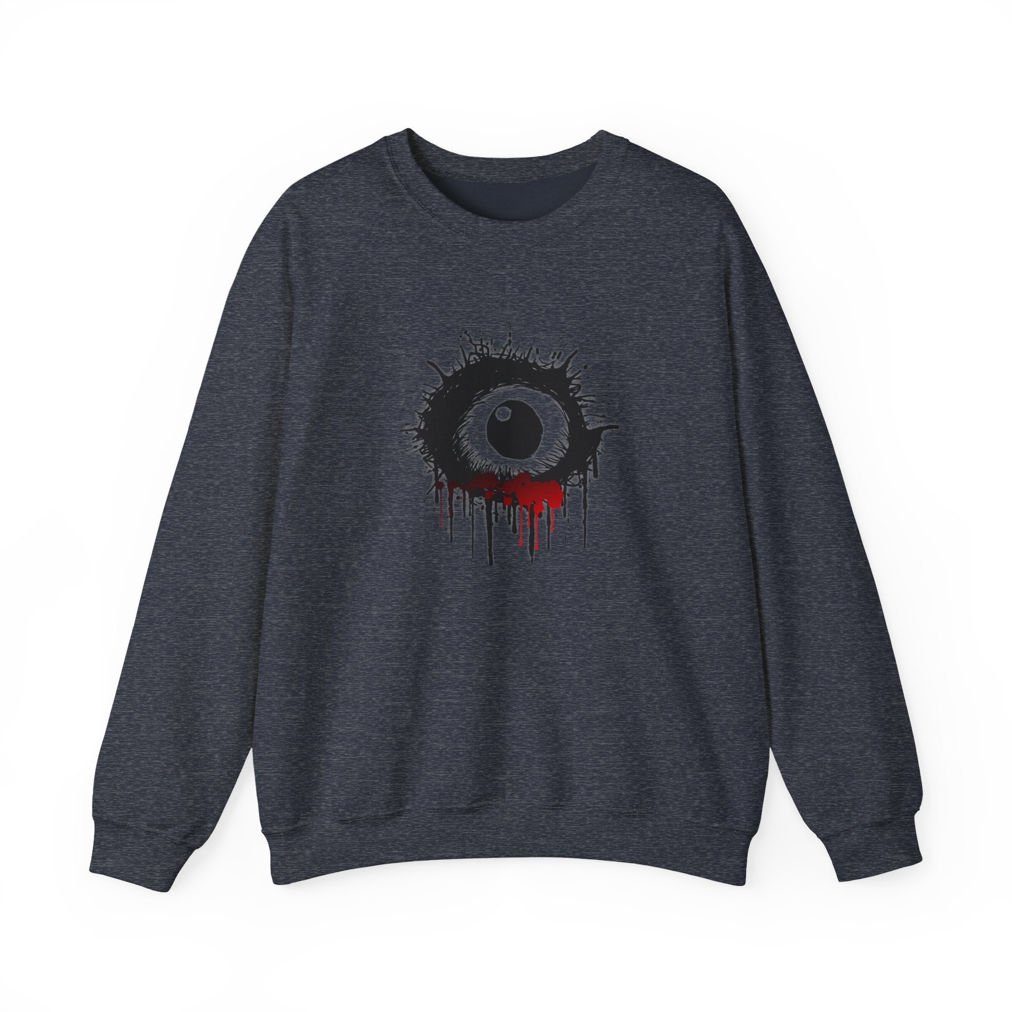 Gray sweatshirt with a black and red graphic design on a white background