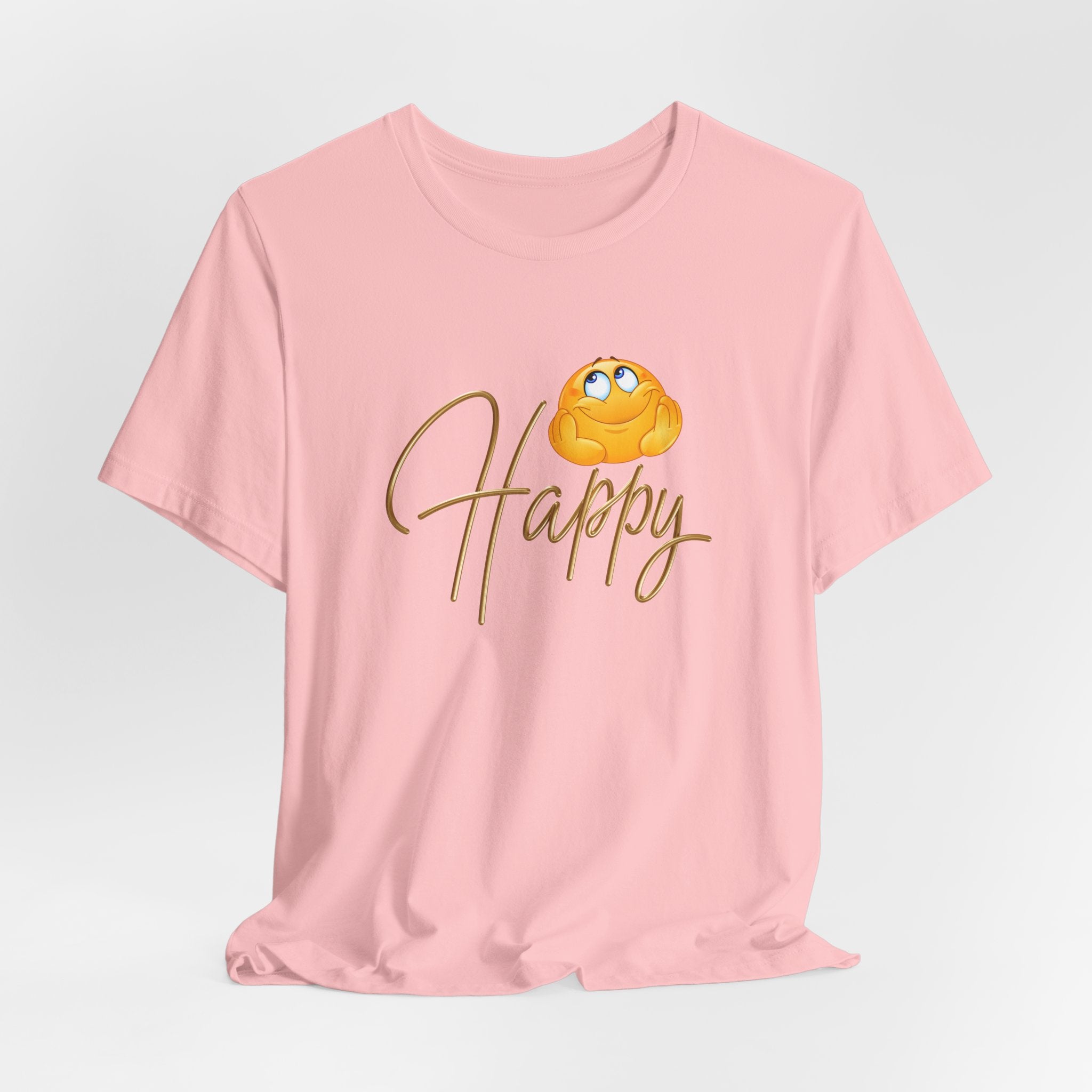 Pink t-shirt with a yellow emoji and 'Happy' text on a light gray background