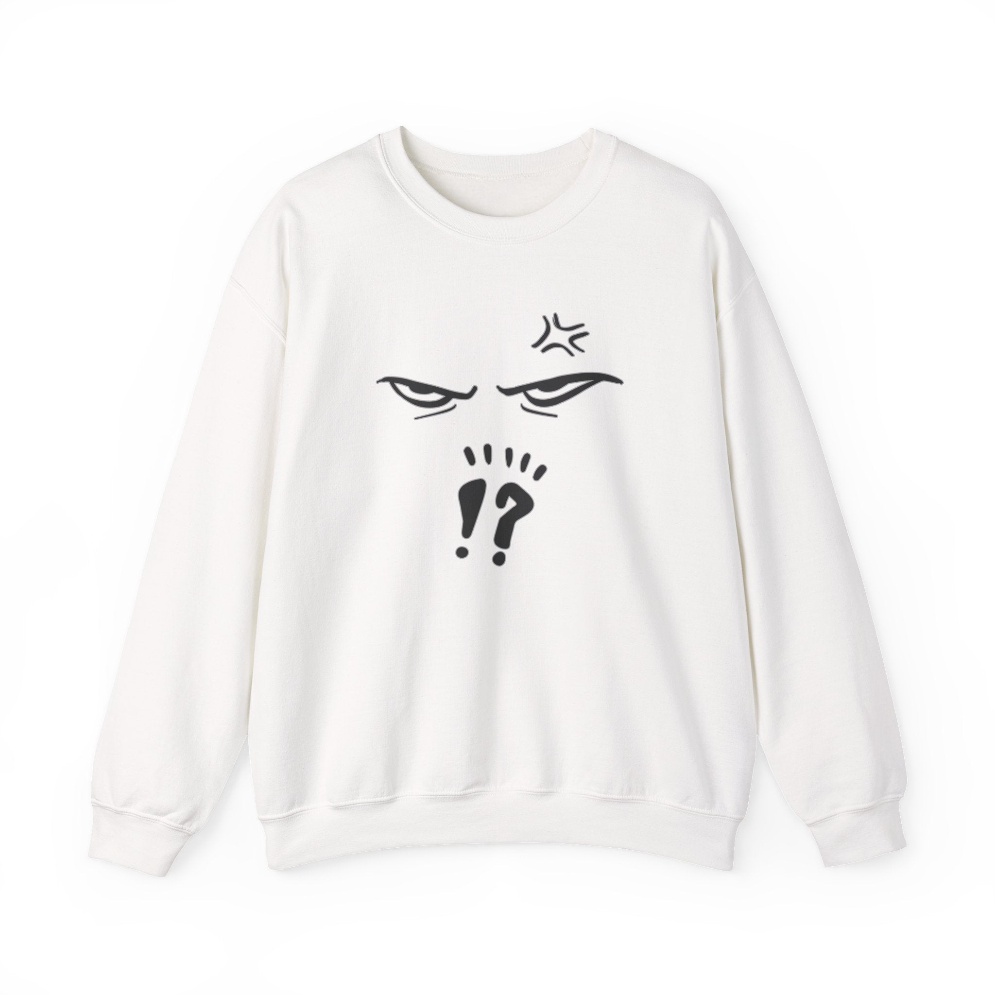 White sweatshirt with black anime graphic design on a white background