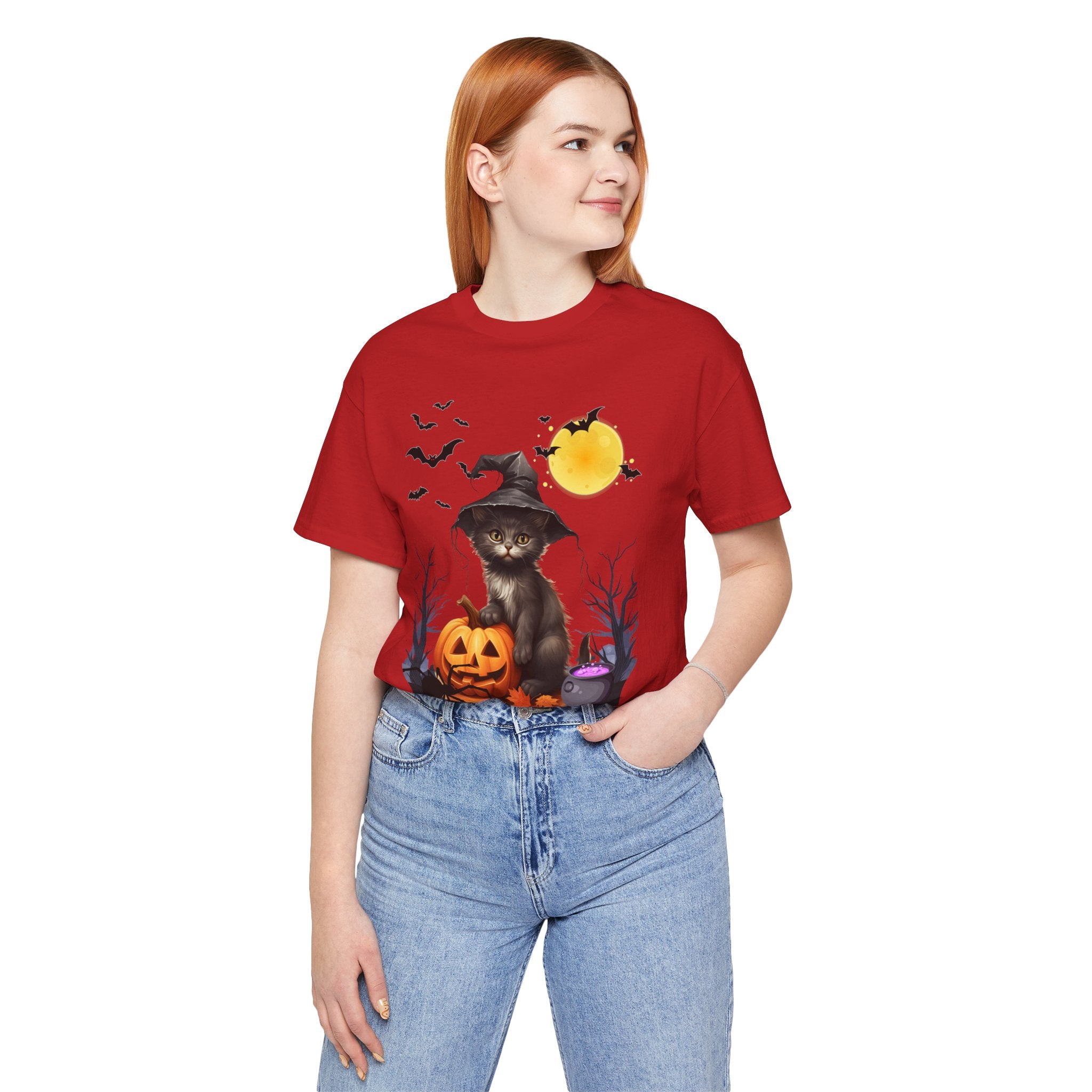 Halloween Cat with Bats, Pumpkin, Moon and Spider T-shirt