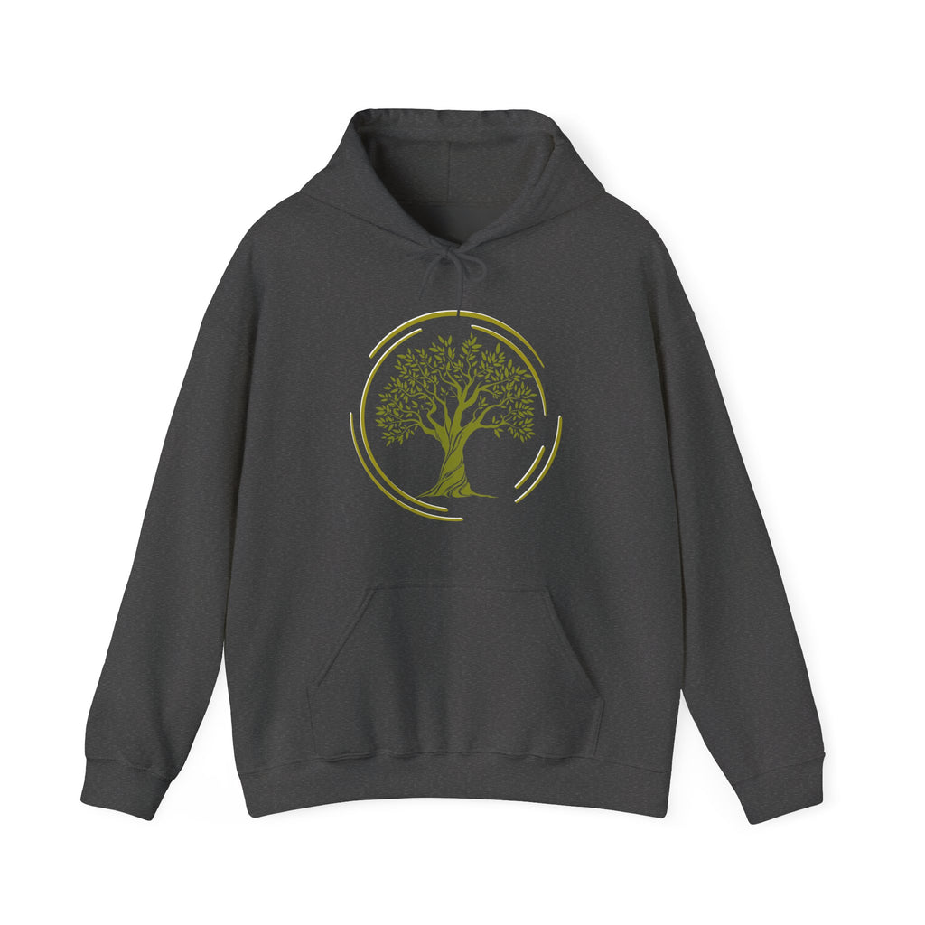 Dark gray hoodie with a tree graphic on a white background