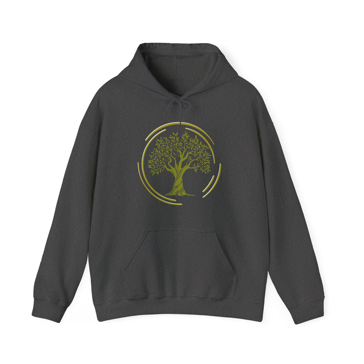 Dark gray hoodie with a tree graphic on a white background