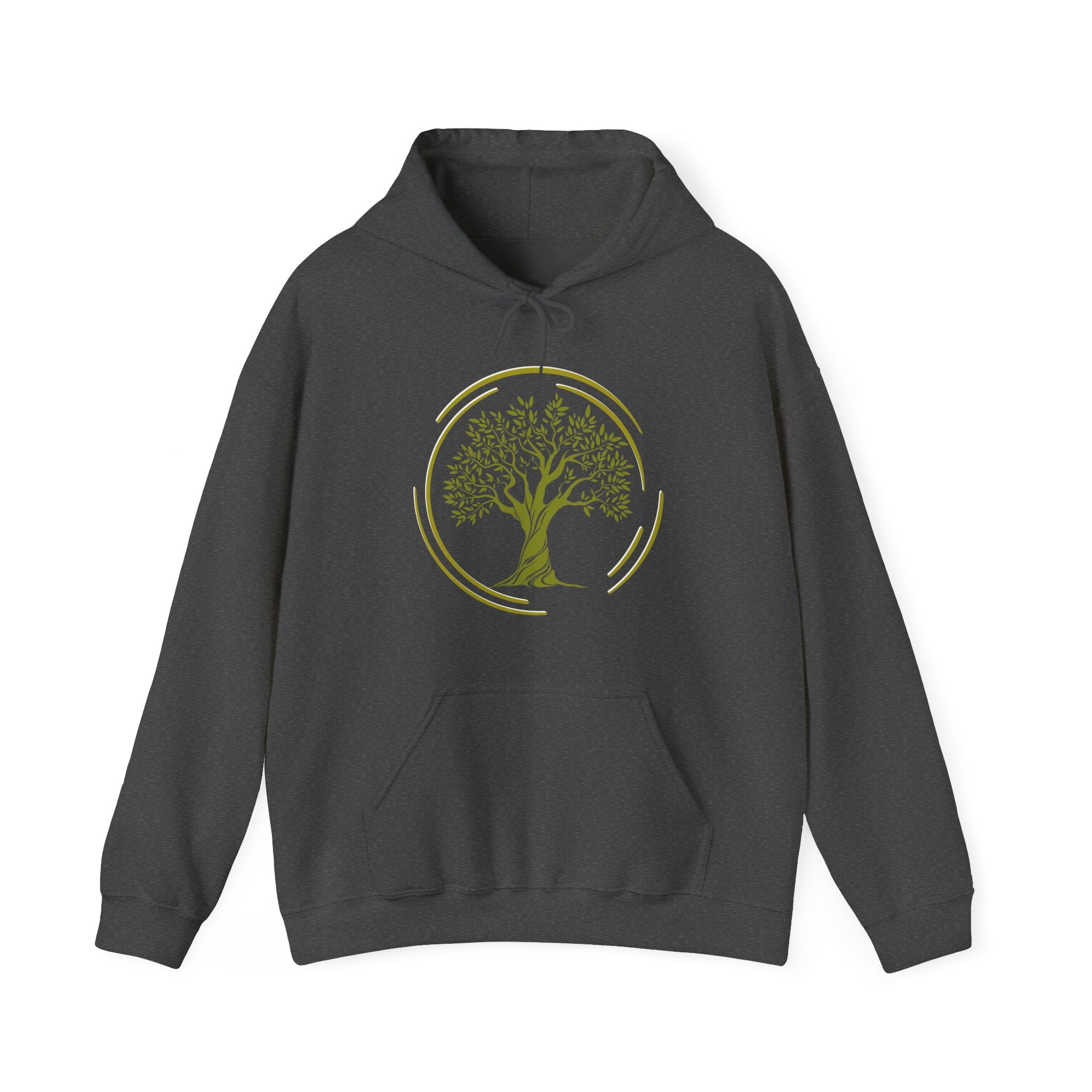 Dark gray hoodie with a tree graphic on a white background