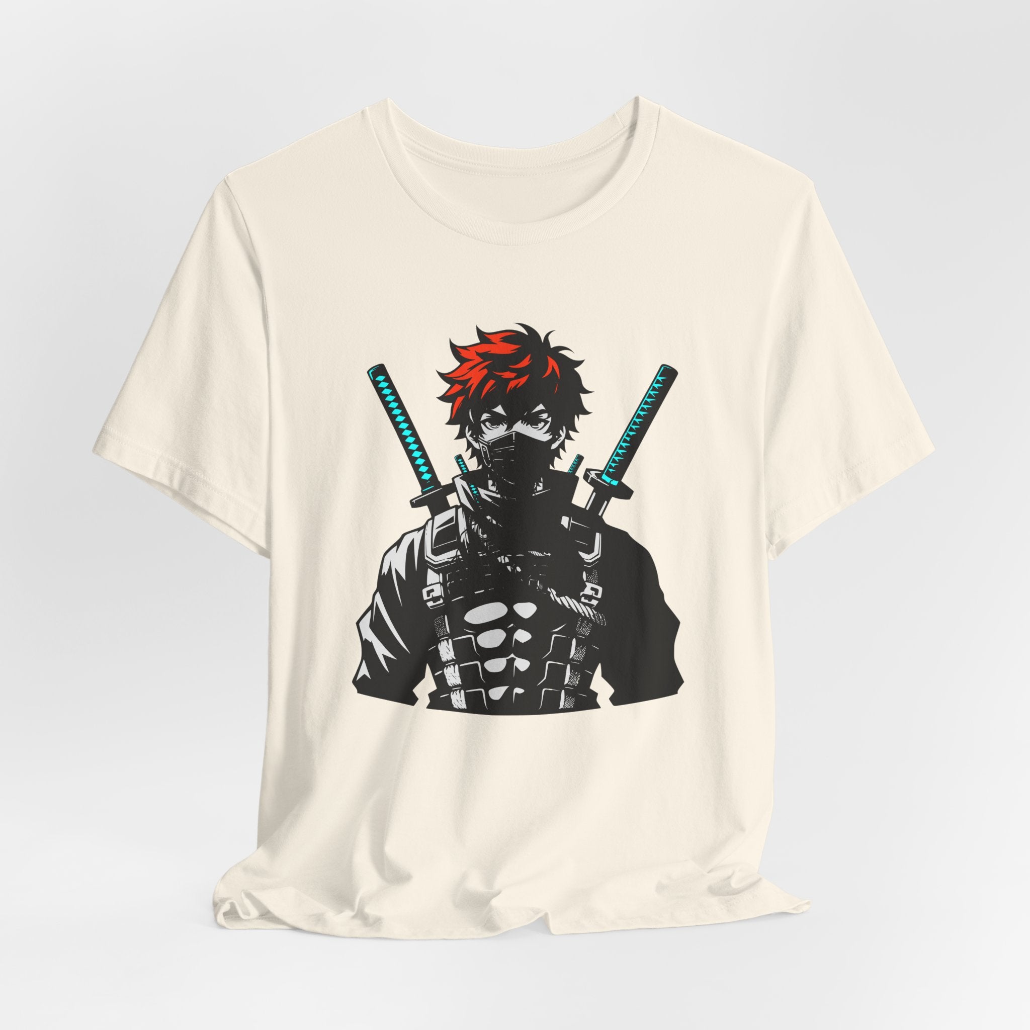 White t-shirt with an anime character holding swords on a light gray background
