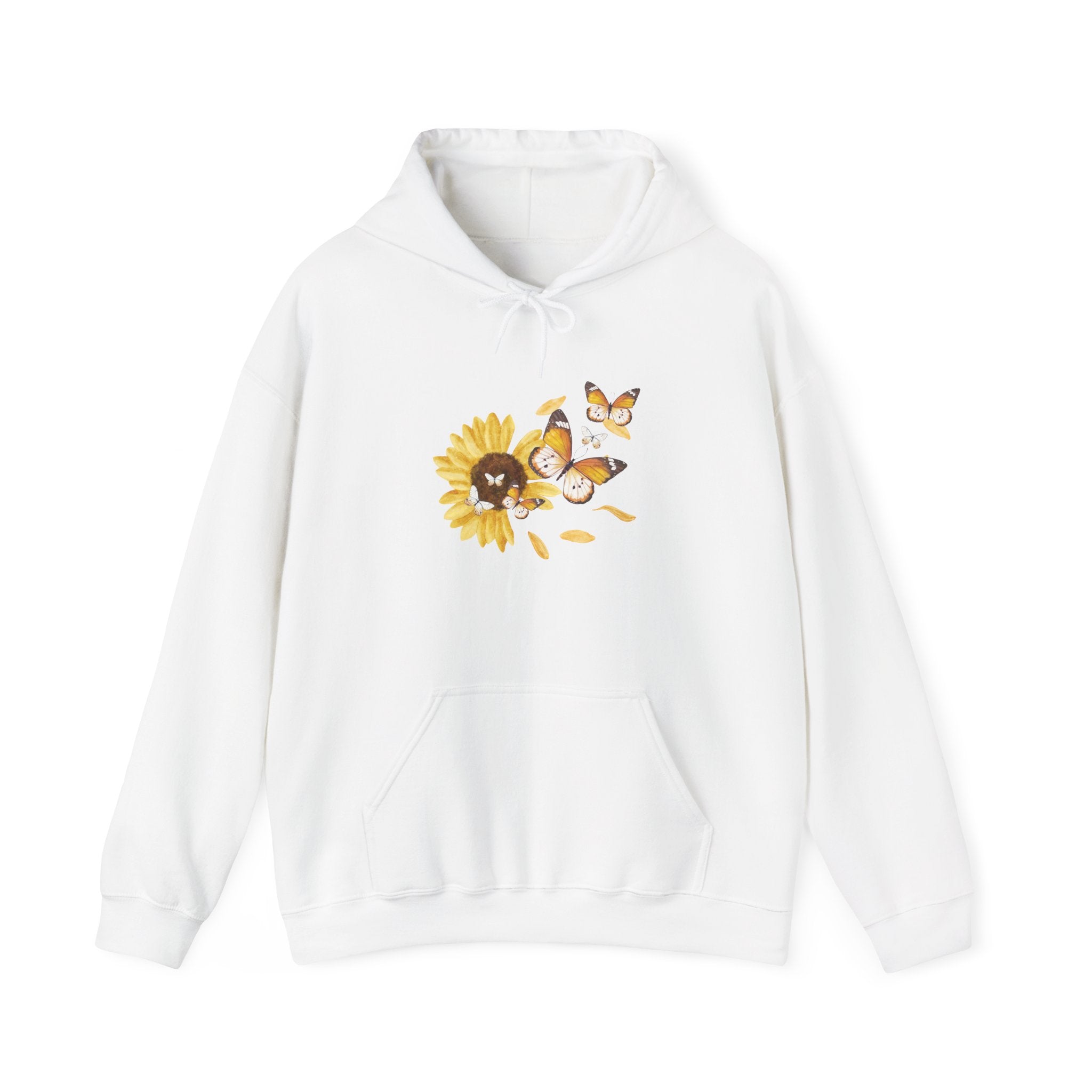 White hoodie with sunflower and butterfly design on a white background
