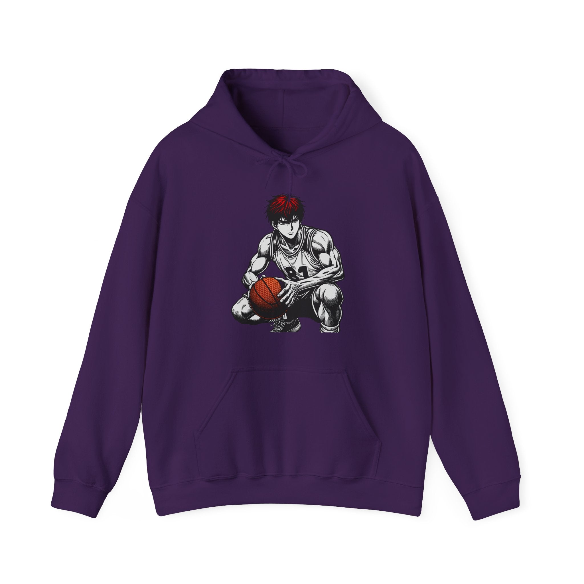 Purple hoodie with a graphic of a character holding a basketball on a white background