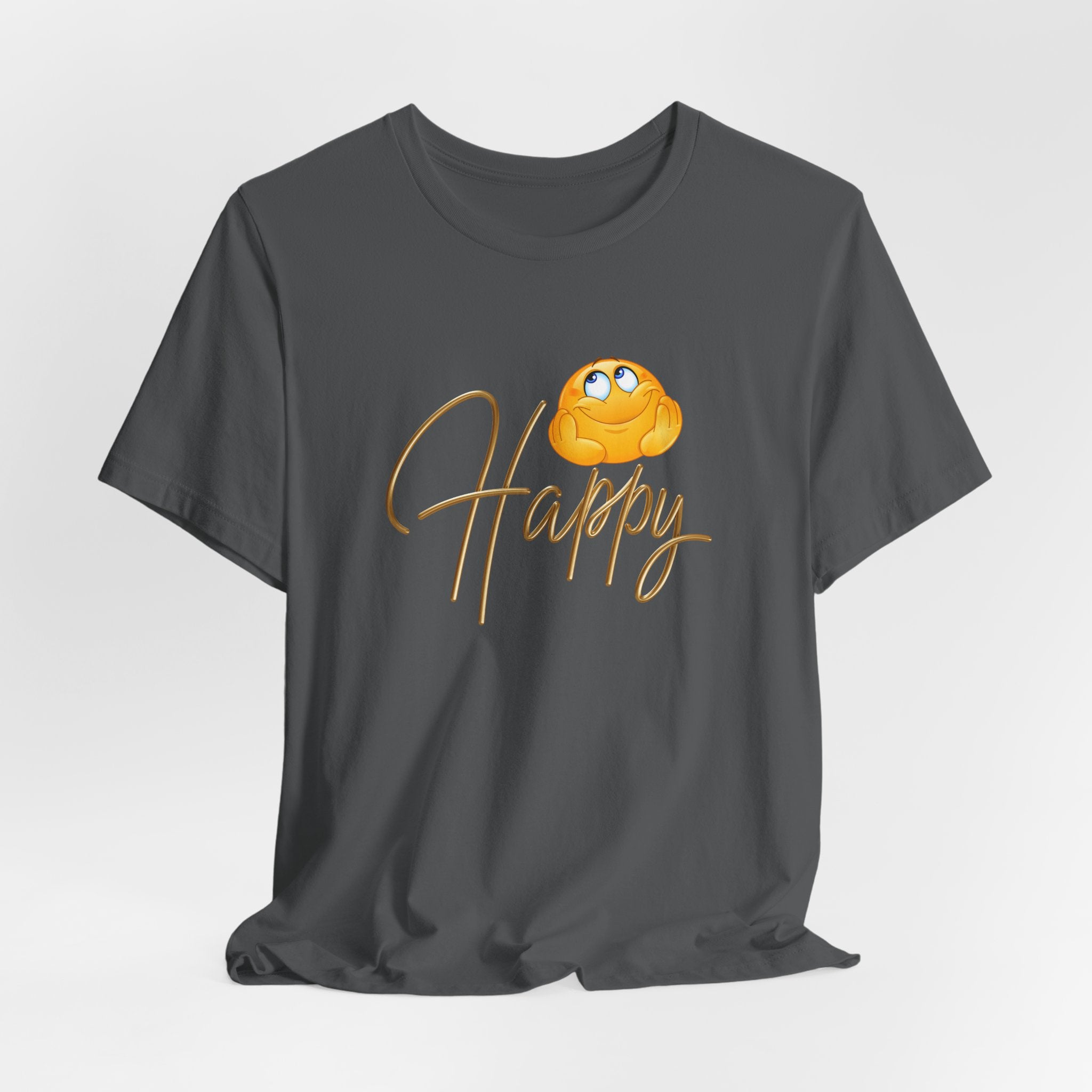 Gray t-shirt with a yellow cartoon character and 'Happy' text on a light gray background