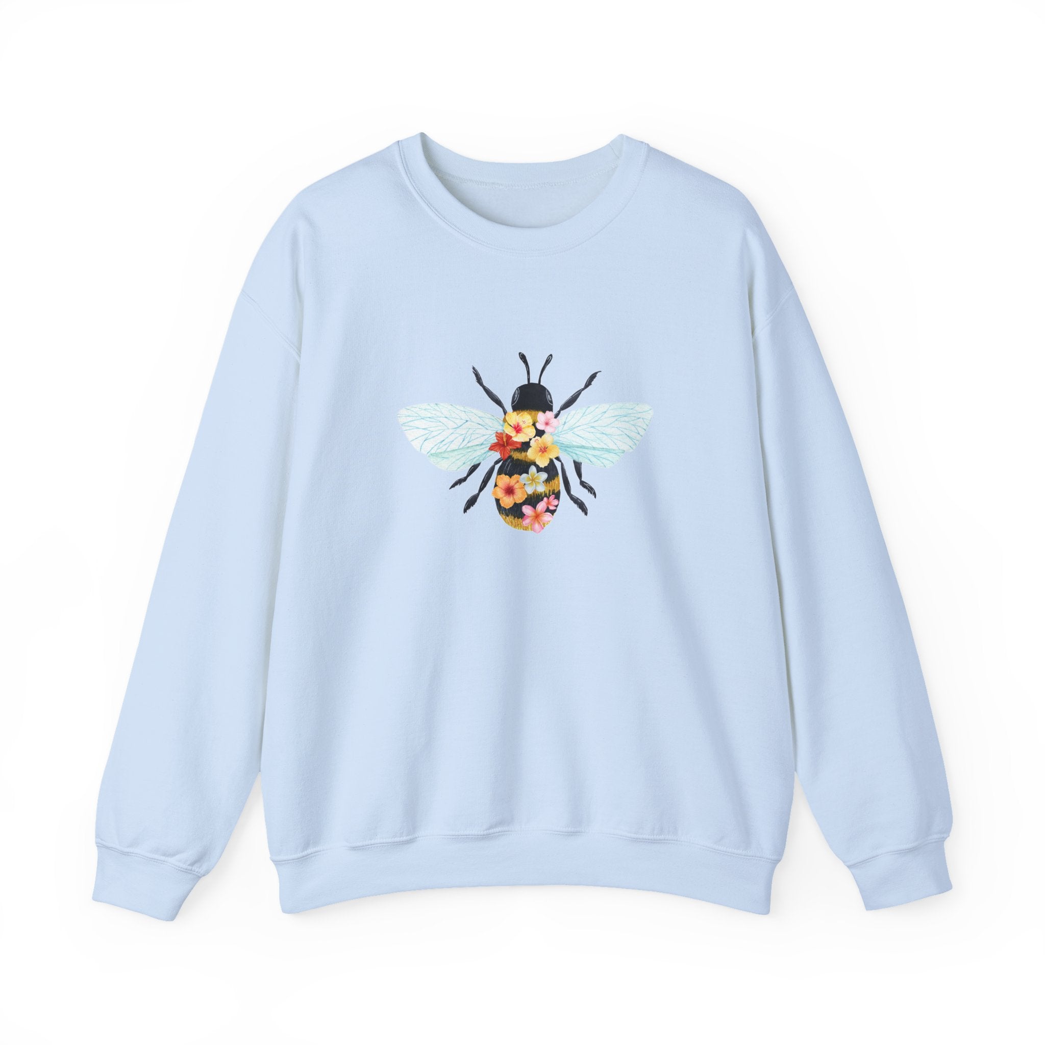 Light blue sweatshirt with a bee and flower design on a white background