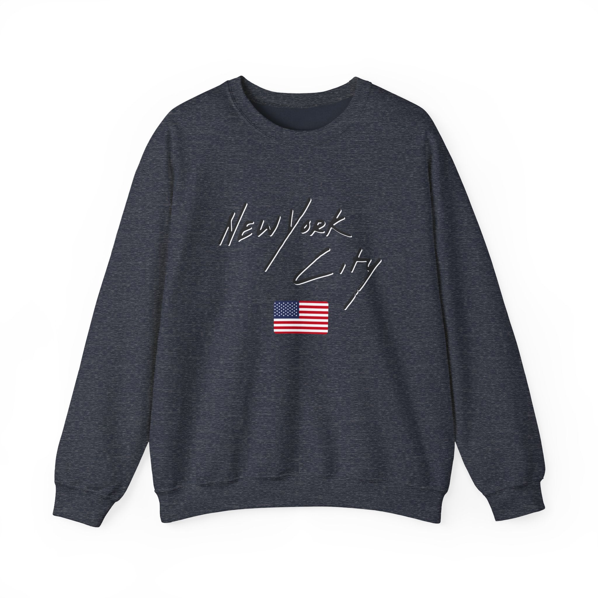 Dark navy sweatshirt with 'New York City' text and American flag on a white background