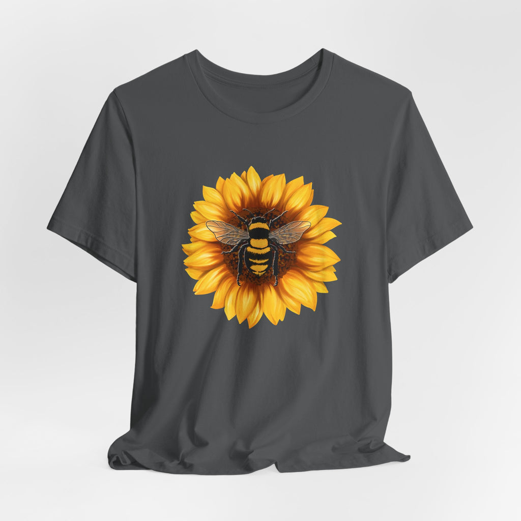 Gray t-shirt with a sunflower and bee design on a white background