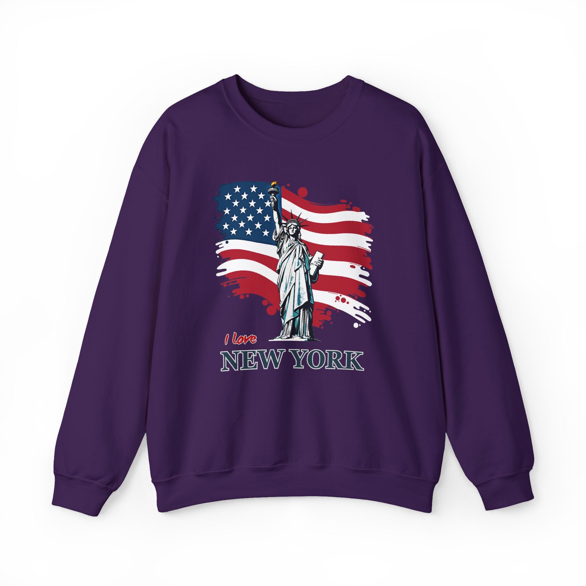 Purple sweatshirt with Statue of Liberty and American flag design on a white background