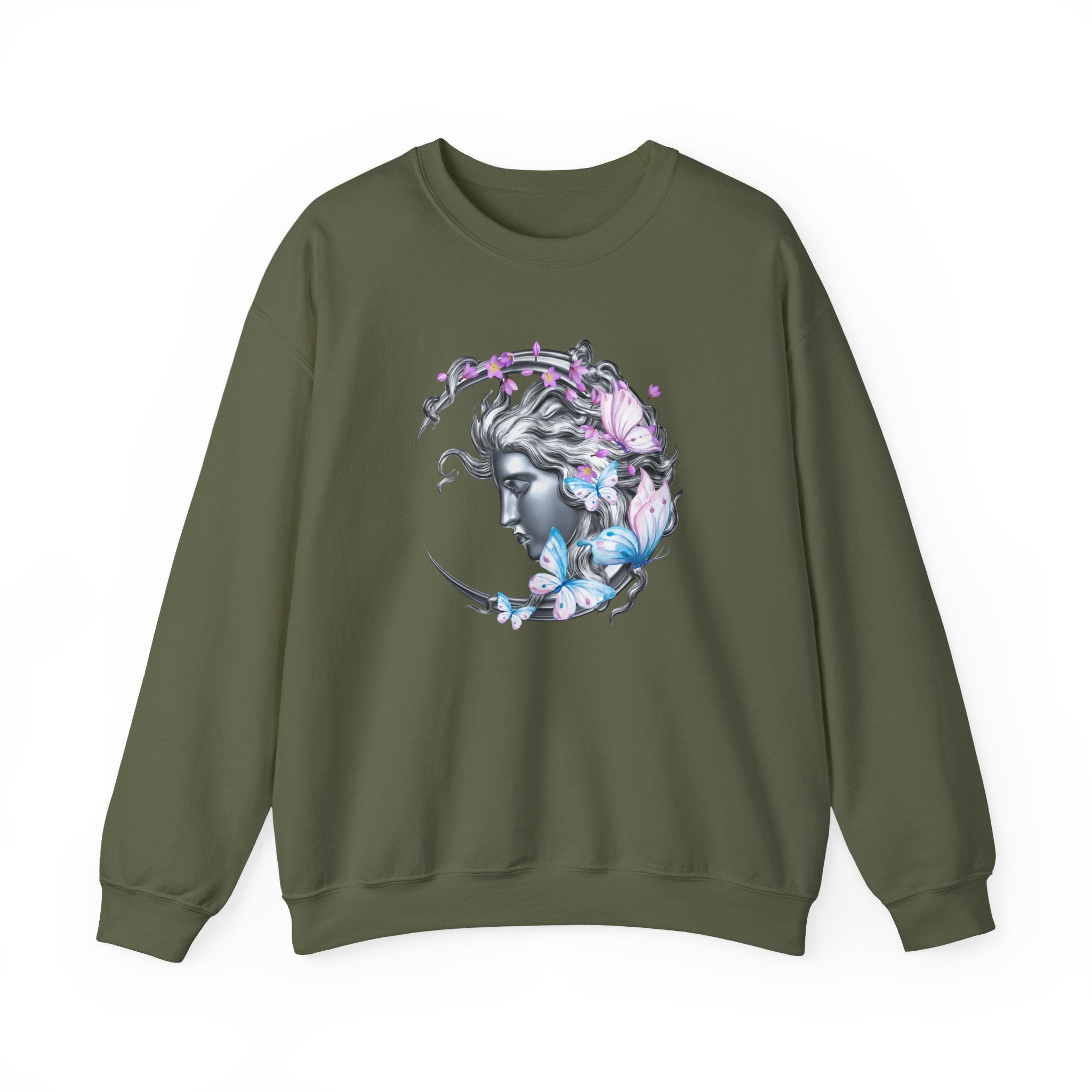 Green sweatshirt with a graphic design of a woman's face surrounded by butterflies on a white background