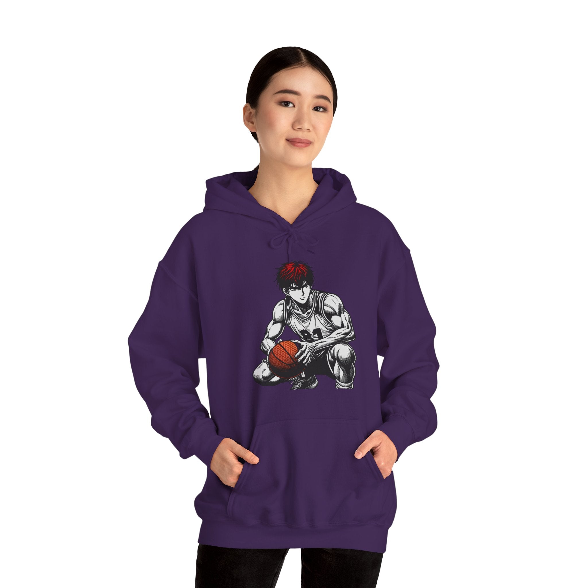 Person wearing a purple hoodie with a graphic design on a white background