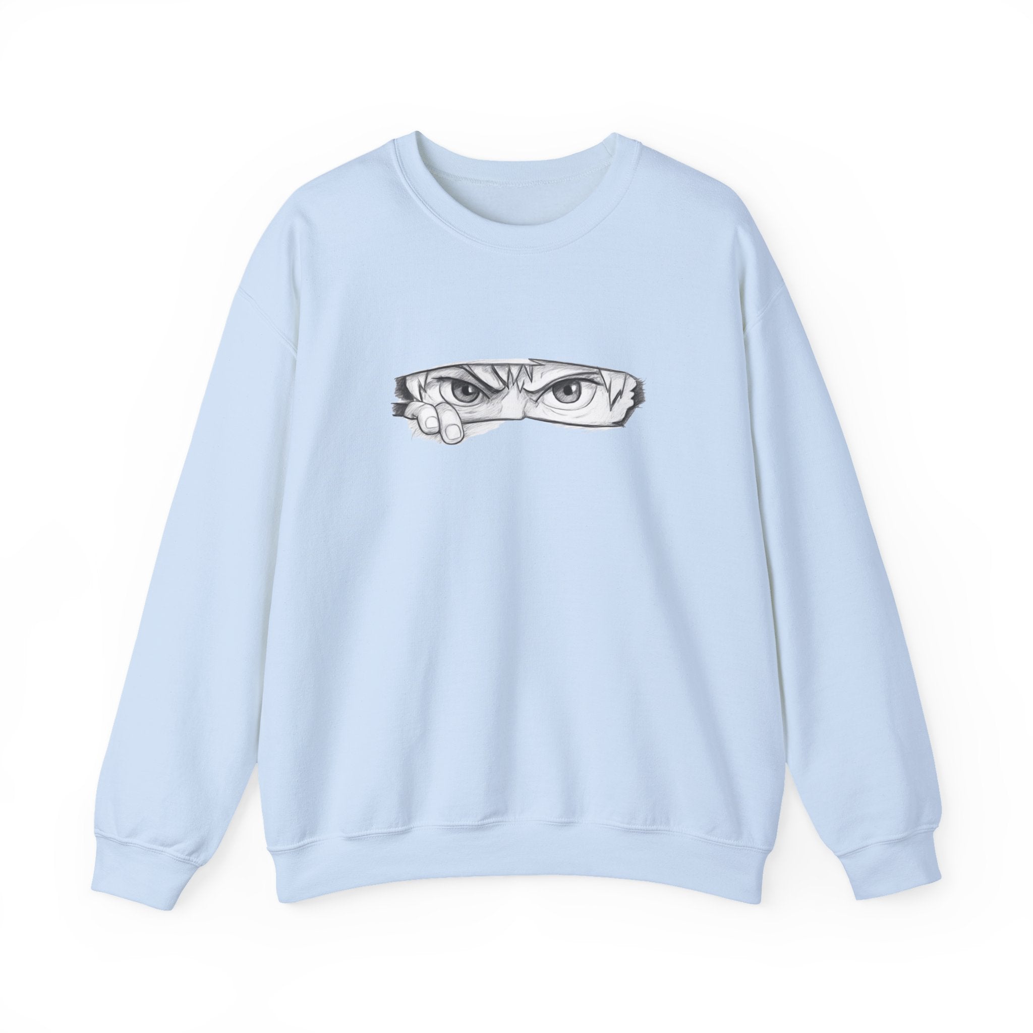Light blue sweatshirt with a anime eyes design on a white background
