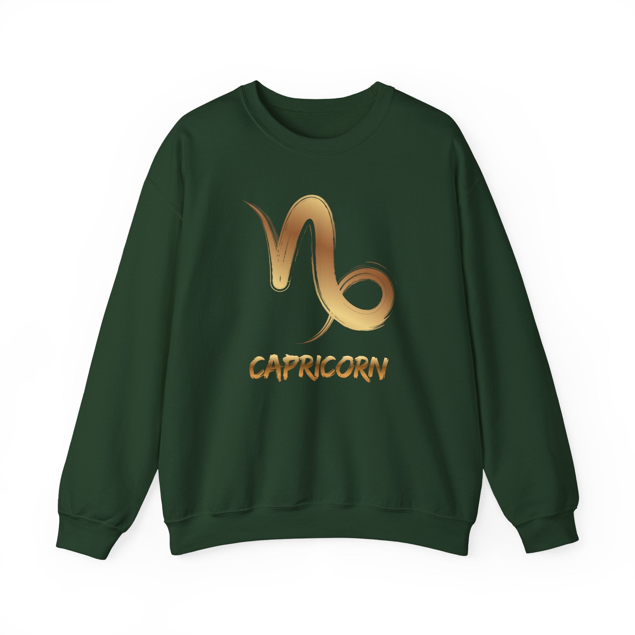 Green sweatshirt with gold Capricorn symbol and text on a white background