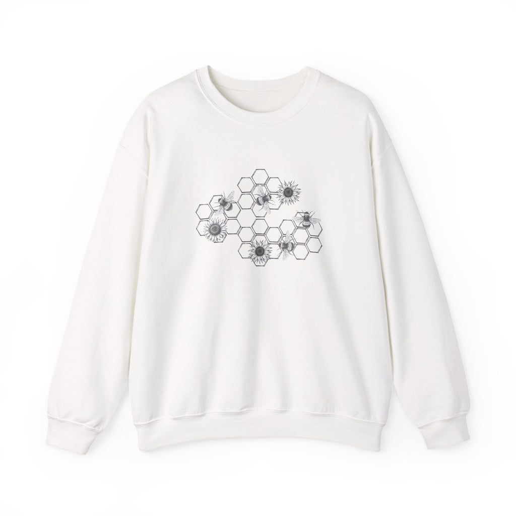 White sweatshirt with bee and flower pattern on a white background