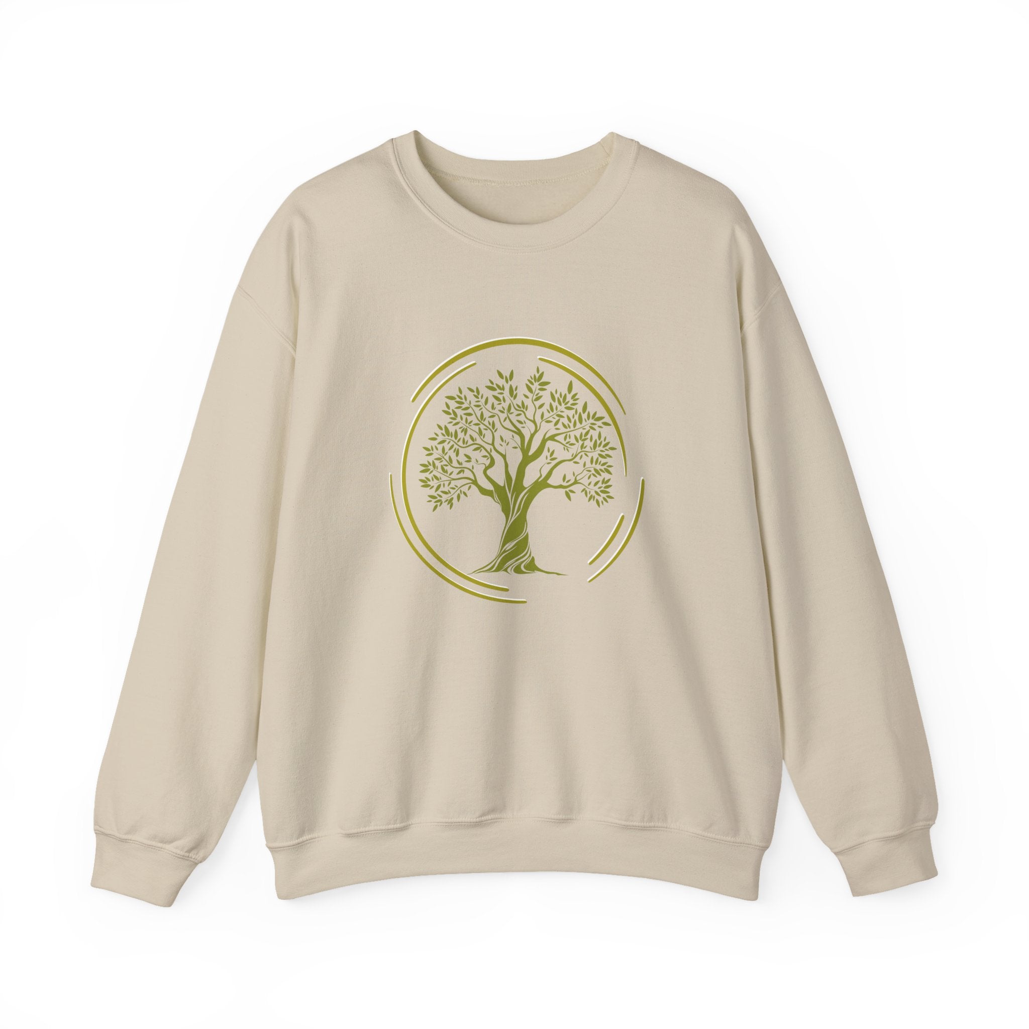 Beige sweatshirt with a green tree design on a white background