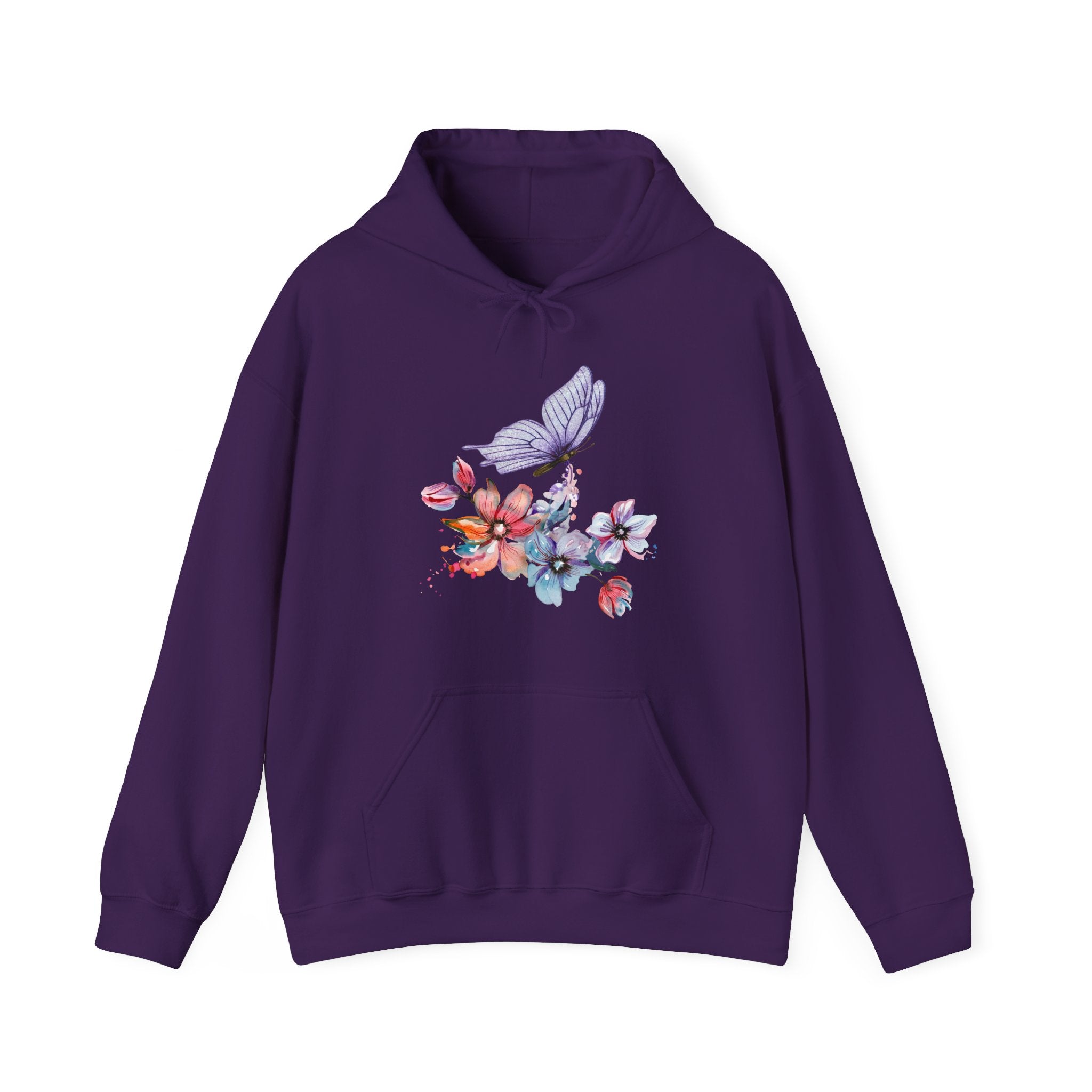 Purple hoodie with floral and butterfly design on a white background