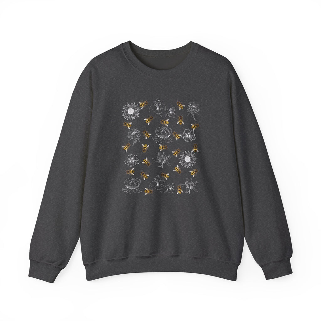 Dark grey sweatshirt with bee and flower pattern on a white background