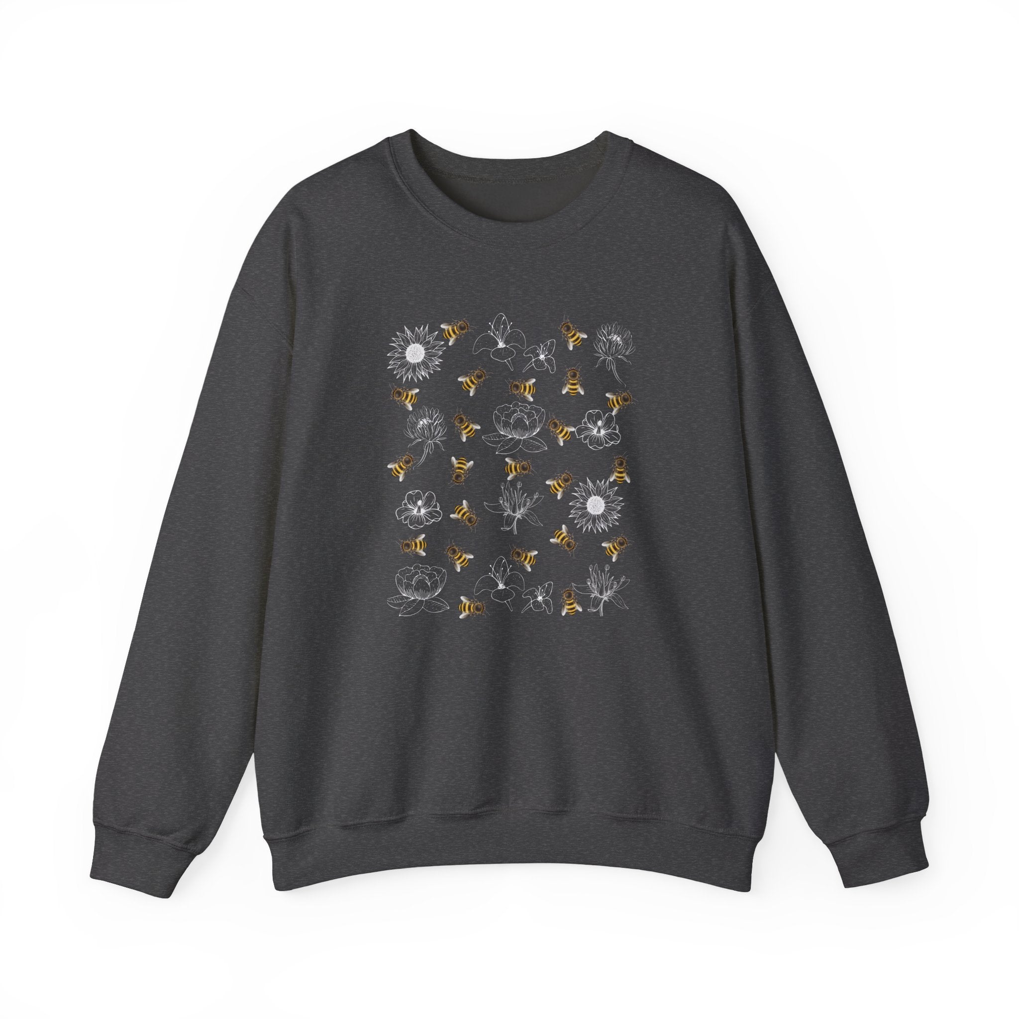 Dark grey sweatshirt with bee and flower pattern on a white background