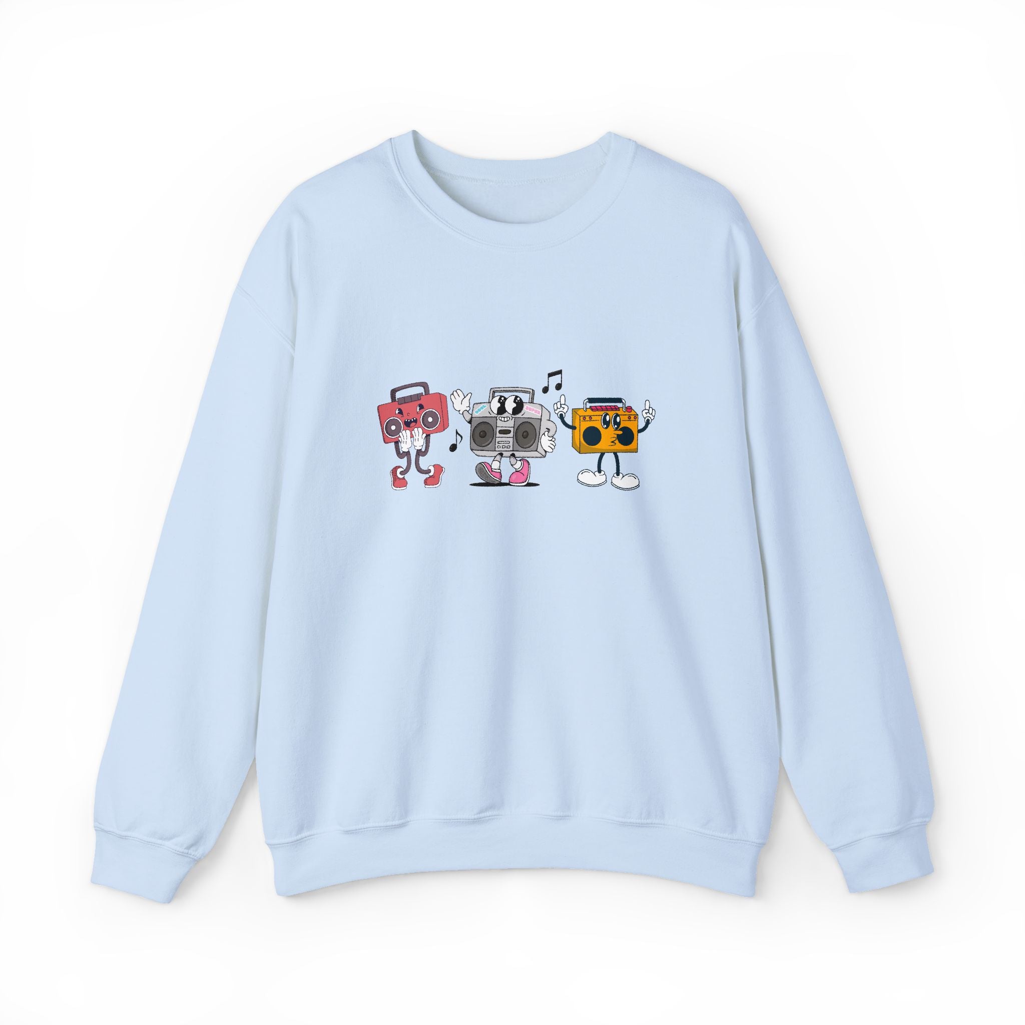 Light blue sweatshirt with cartoon robot design on a white background