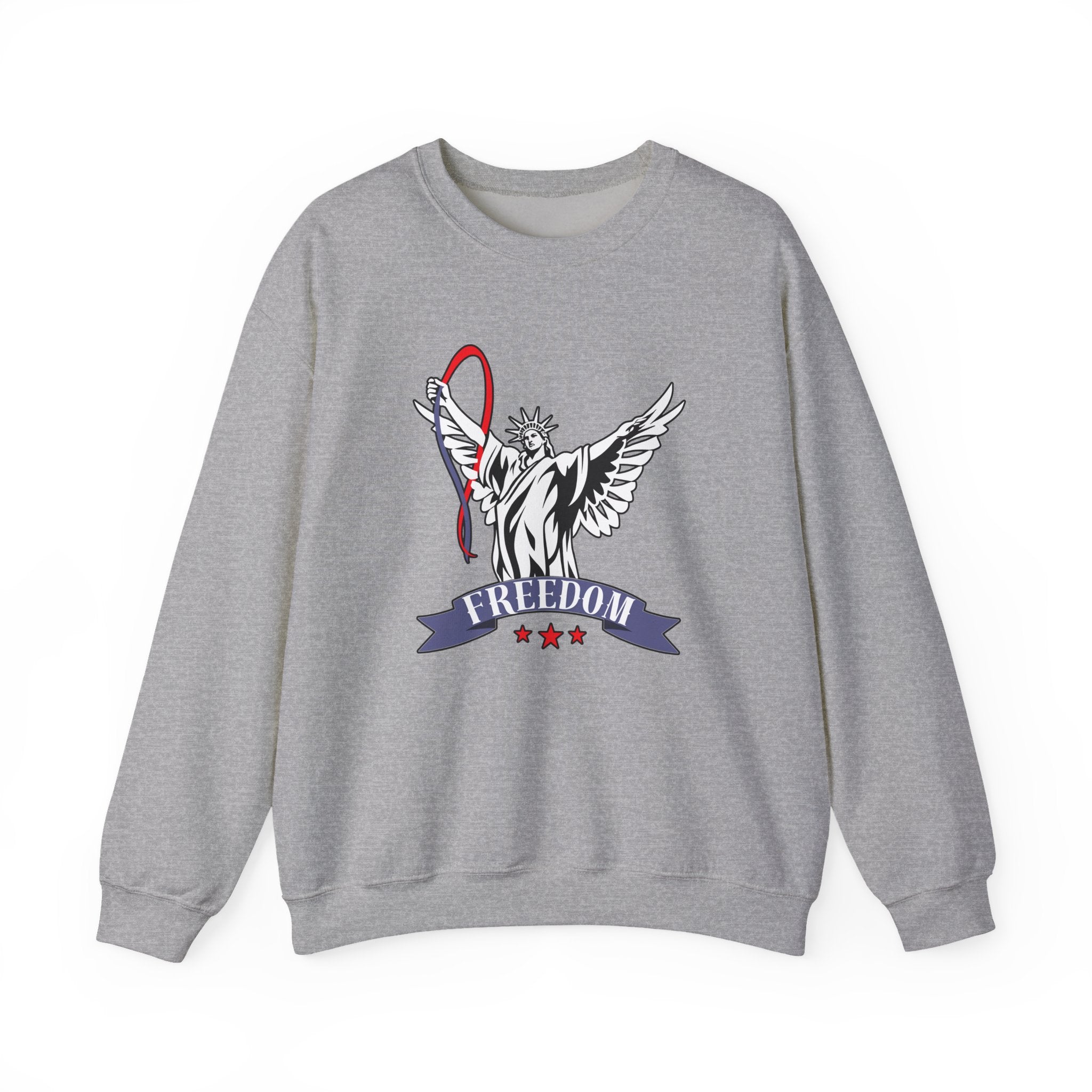 Gray sweatshirt with a graphic design of the Statue of Liberty and 'Freedom' text on a white background