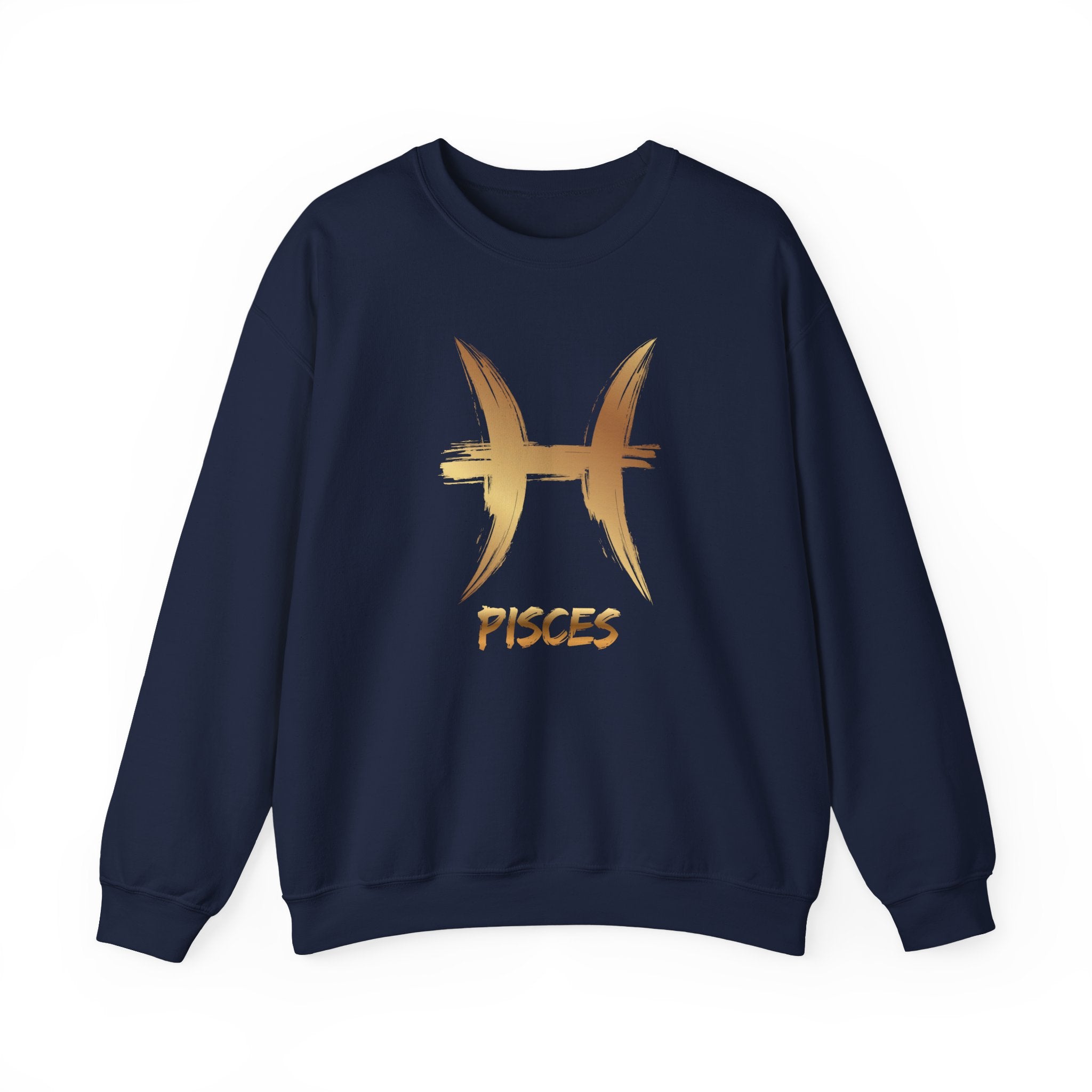 Navy blue sweatshirt with gold Pisces symbol and text on a white background