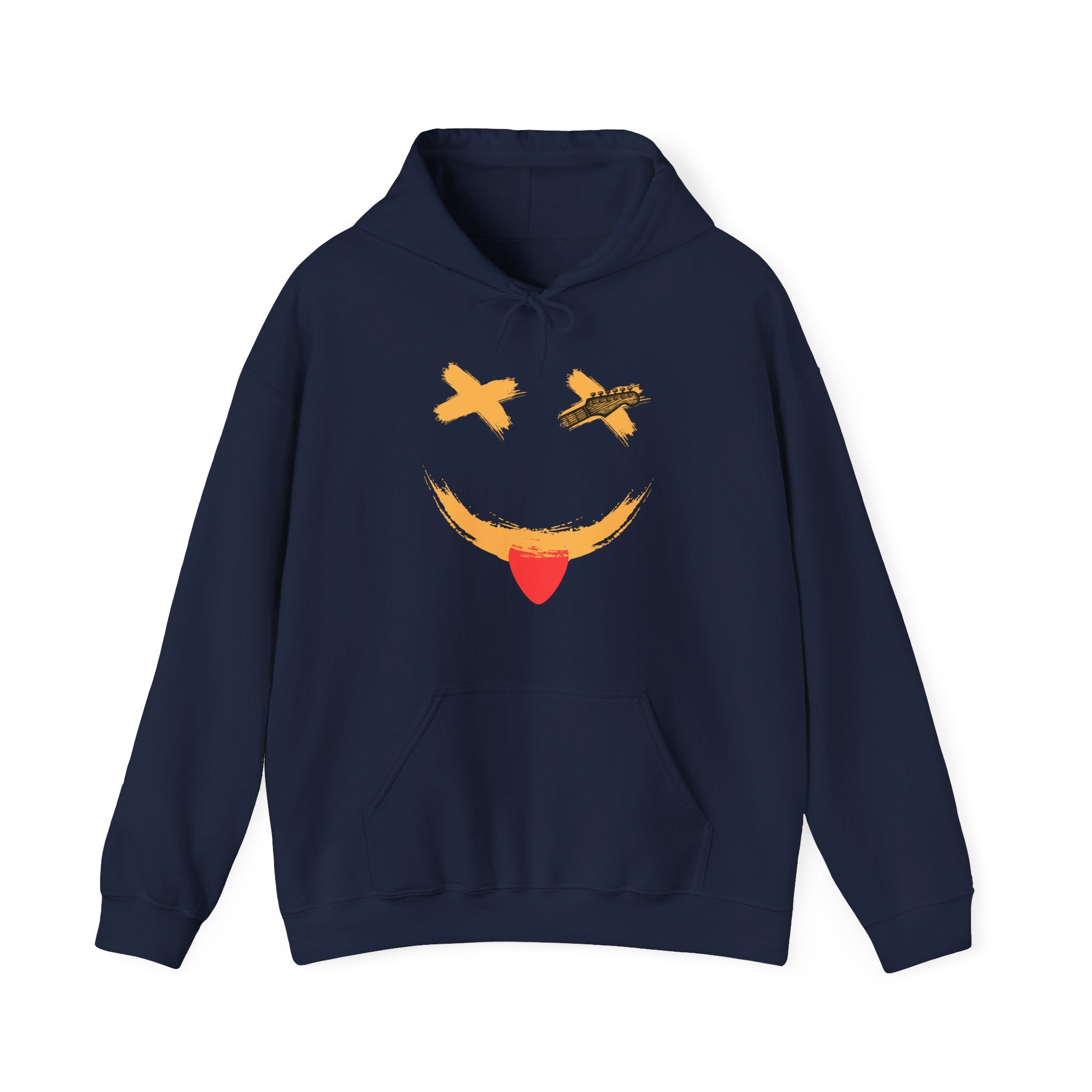 Navy blue hoodie with a smiley face guitar graphic design on a white background