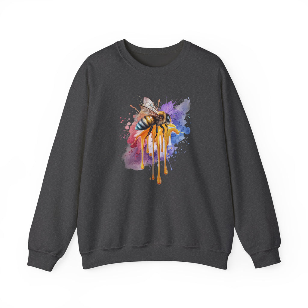 Dark navy sweatshirt with a colorful bee design on a white background