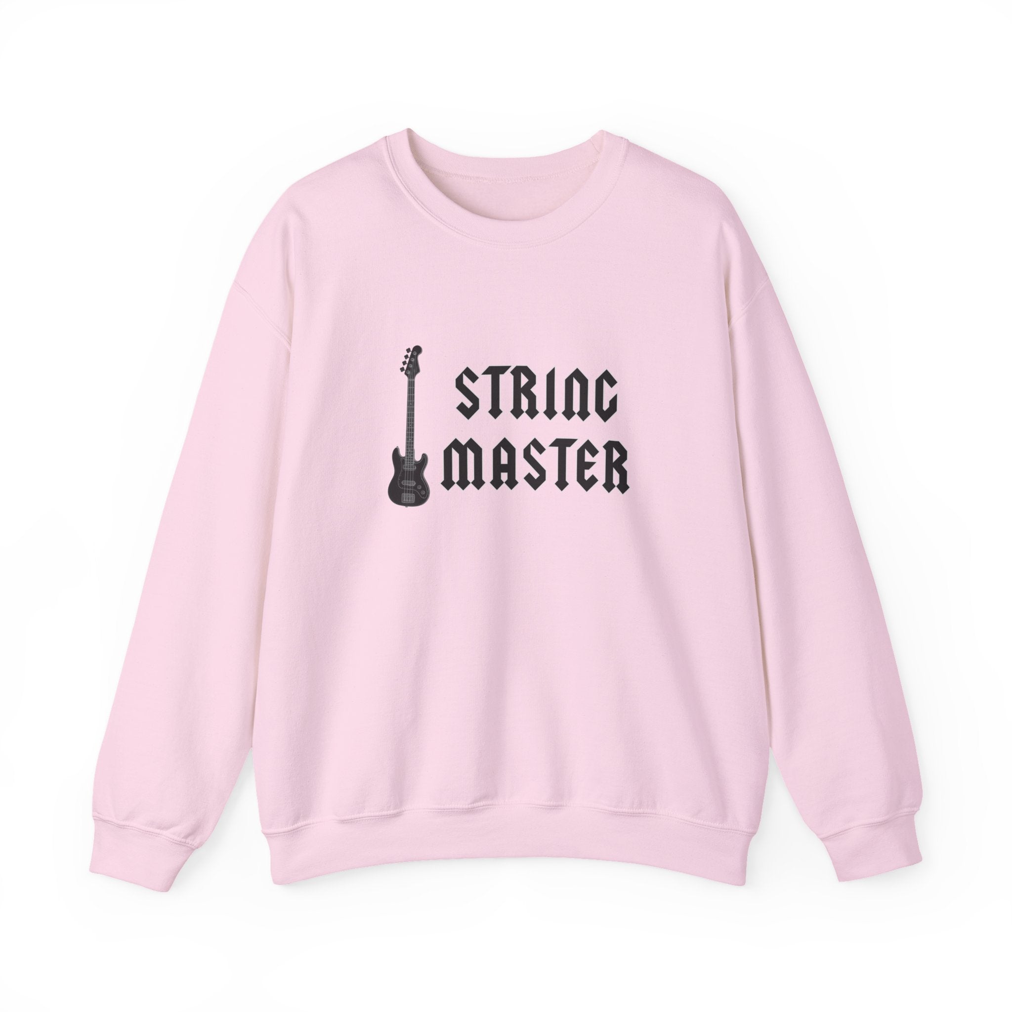 Pink sweatshirt with 'String Master' text and guitar graphic on a white background