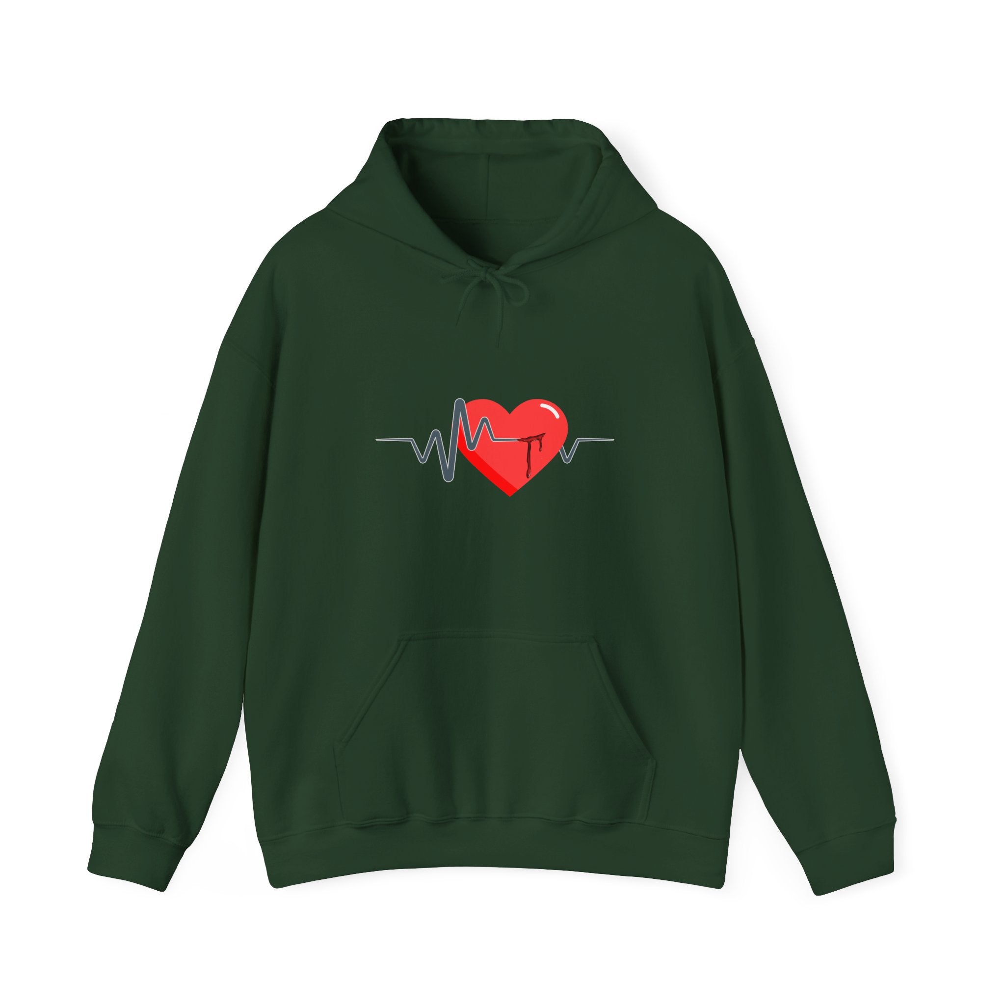 Green hoodie with a red heart and heartbeat line design on a white background