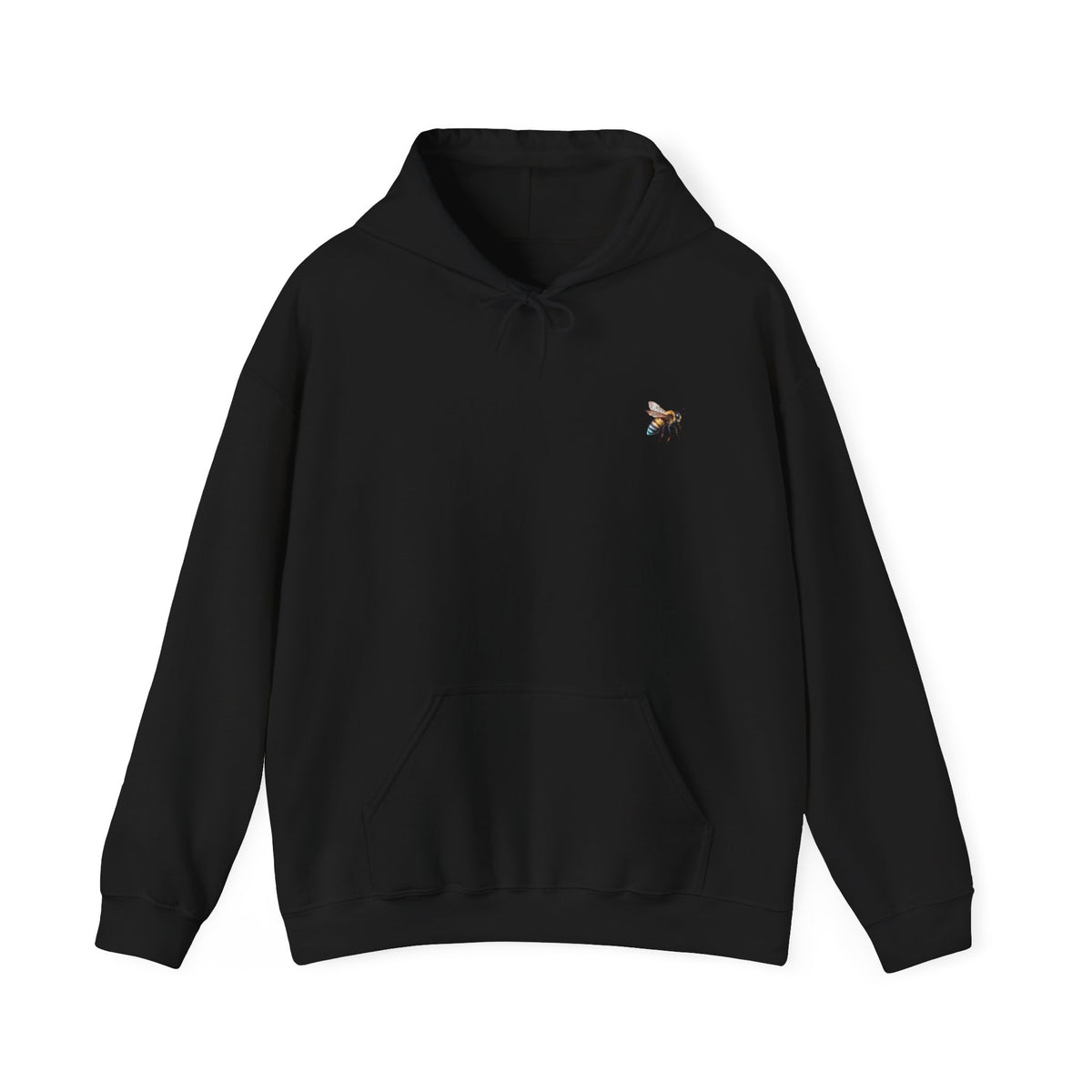 Black hoodie with bee graphics on a white background