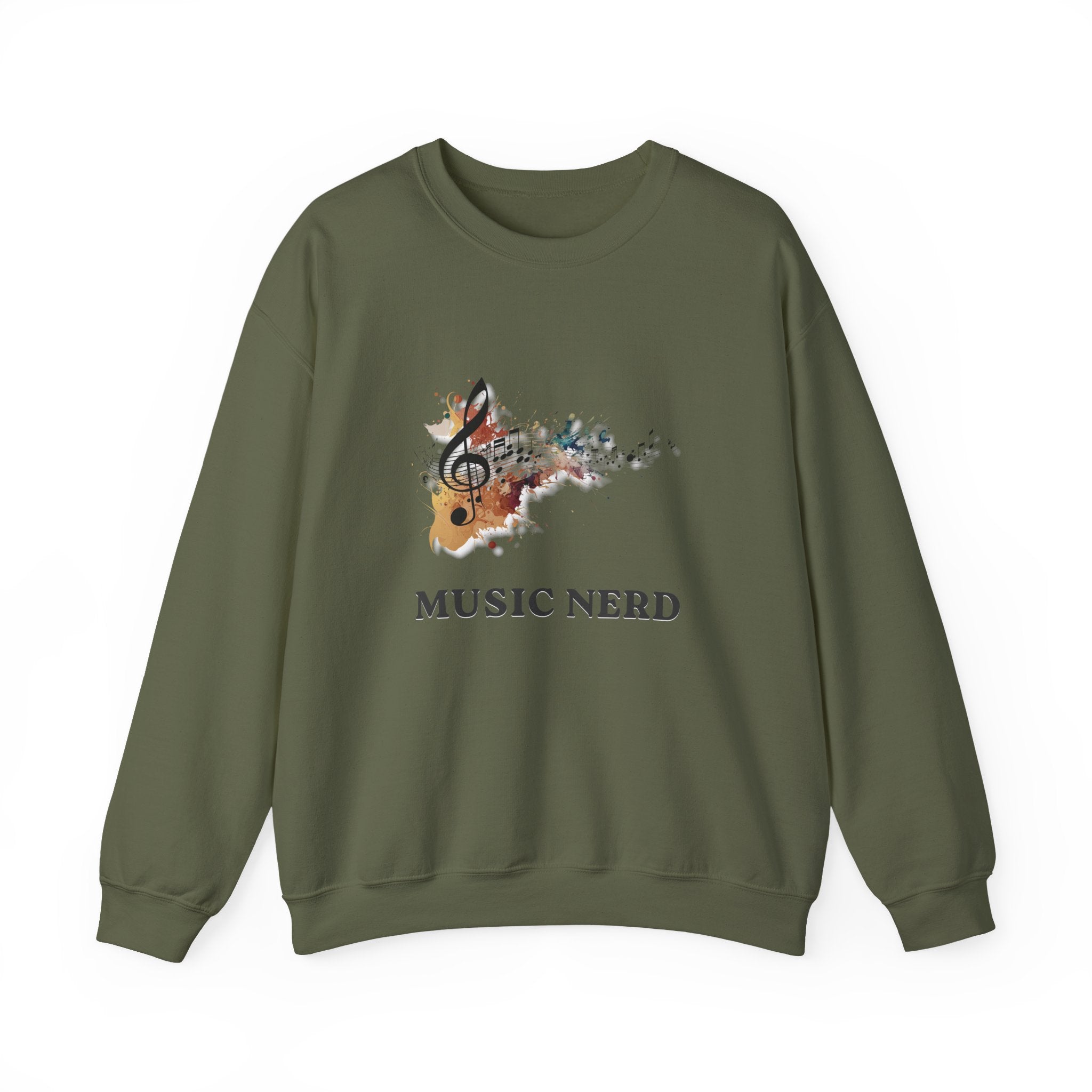 Green sweatshirt with a graphic of a music note and 'Music Nerd' text on a white background
