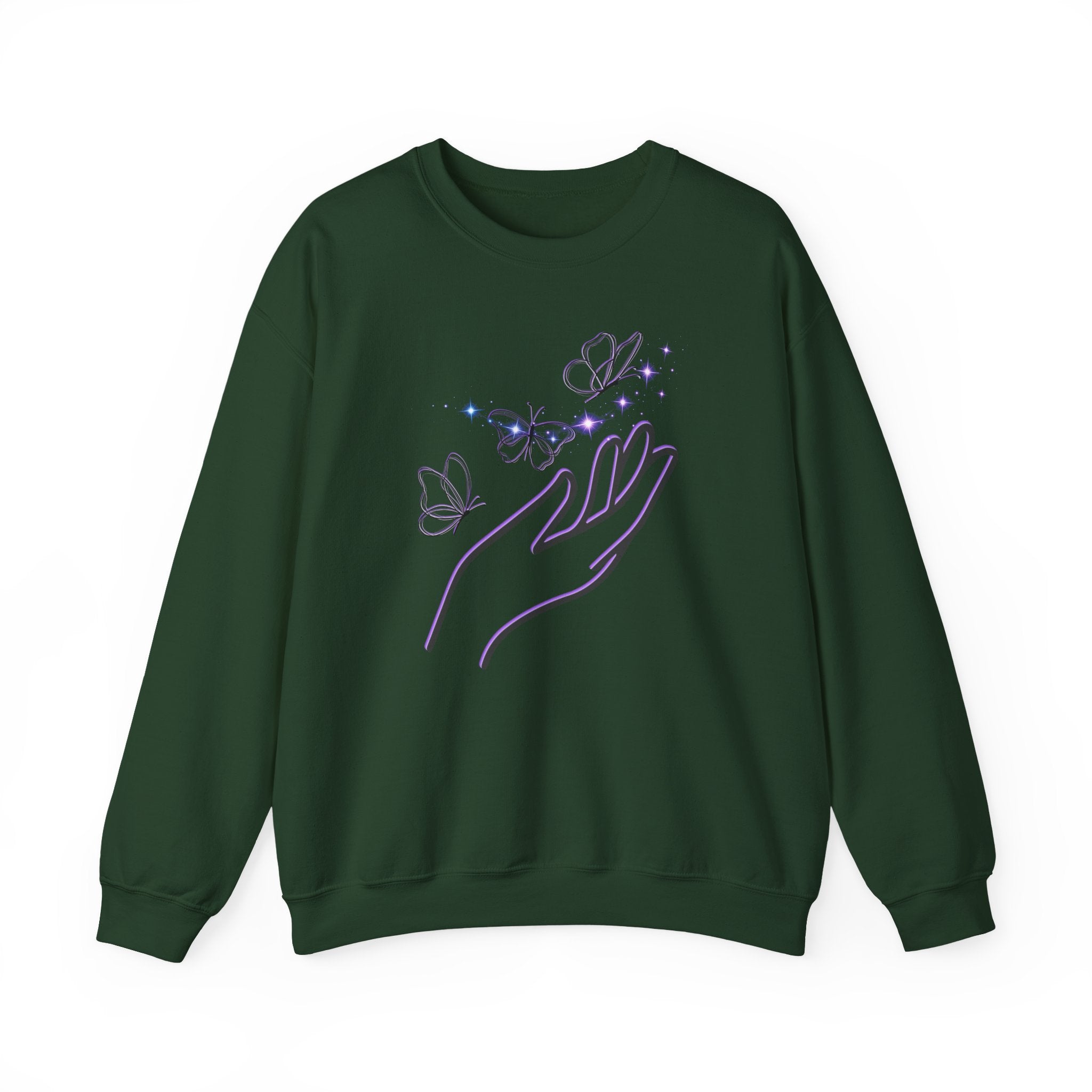 Green sweatshirt with a hand and butterfly design on a white background